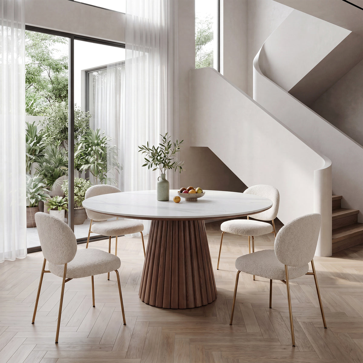 Round Sintered Stone Dining Table for 4 People, 47" Kitchen Table with Fluted Conical Pedestal
