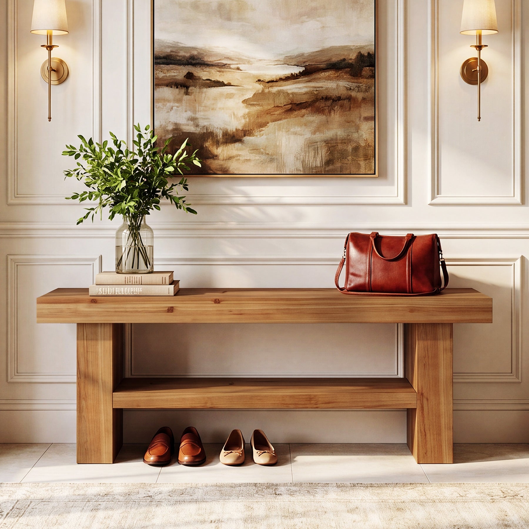63" Solid Wood Entryway Bench, 2-Tier End of Bed Bench for Hallway, Bedroom