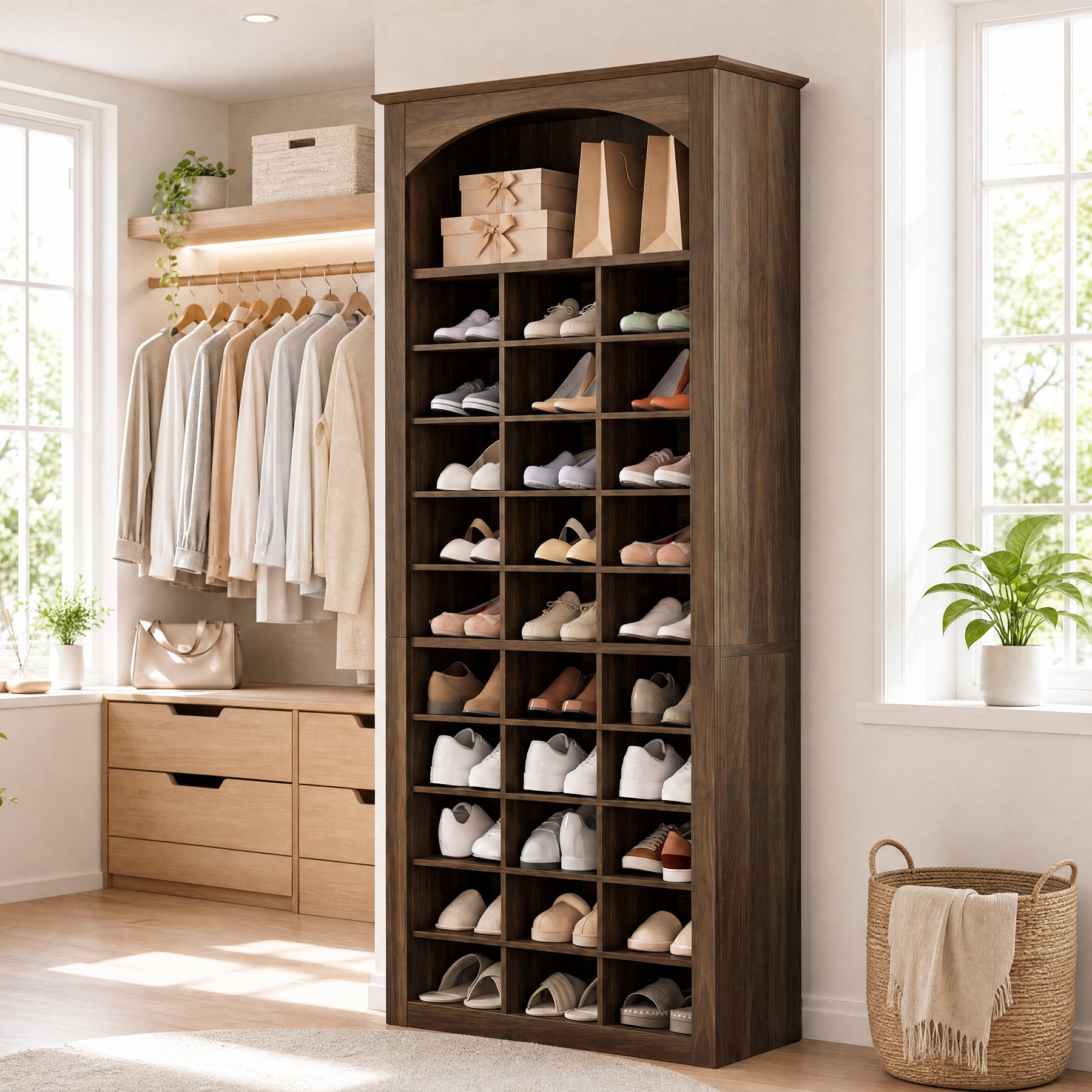 30-Cube Shoe Rack, 68.9" Shoe Cabinet with Arched Display Shelf for Entryway
