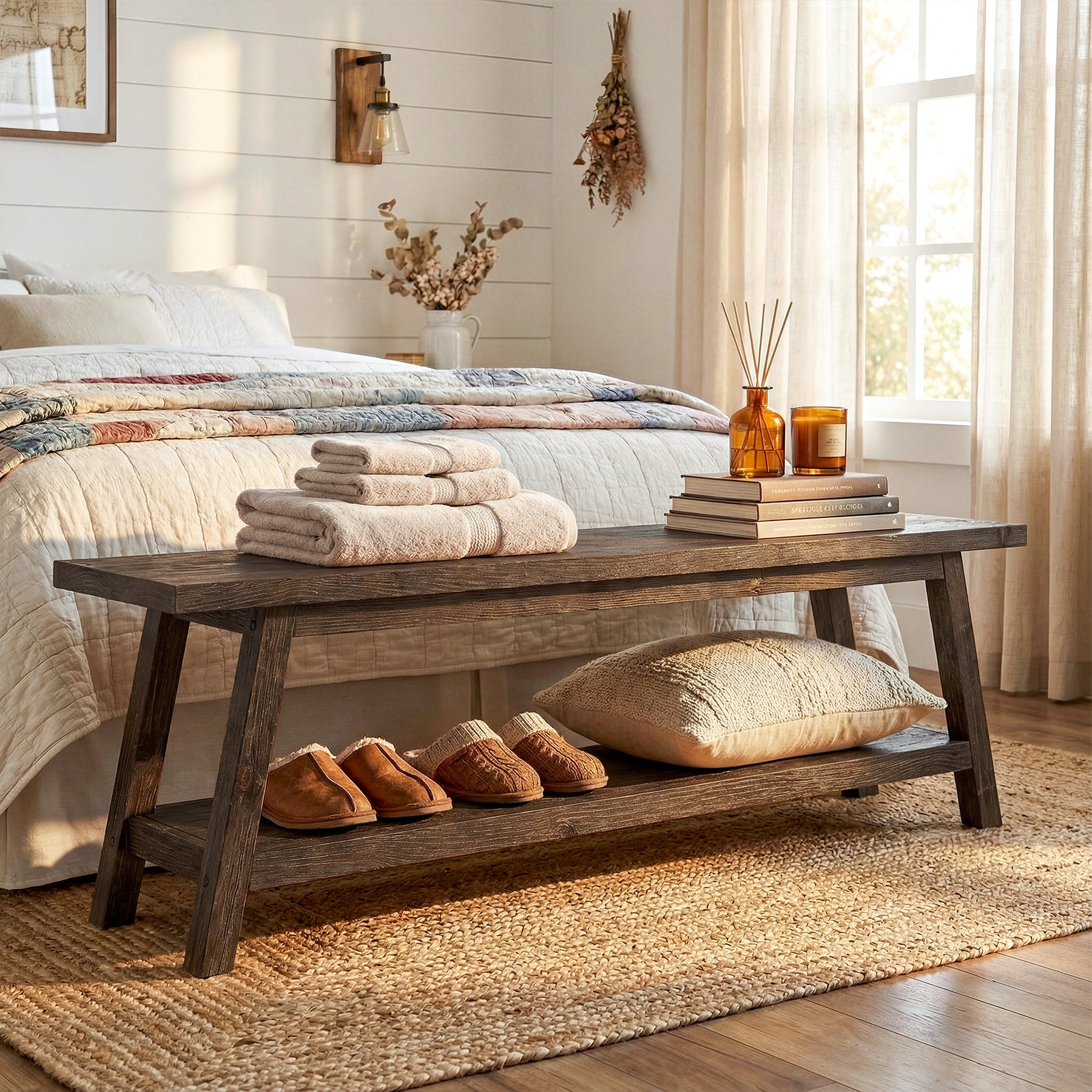 63" Solid Wood Entryway Bench, Hallway Shoe Bench with Storage Shelf