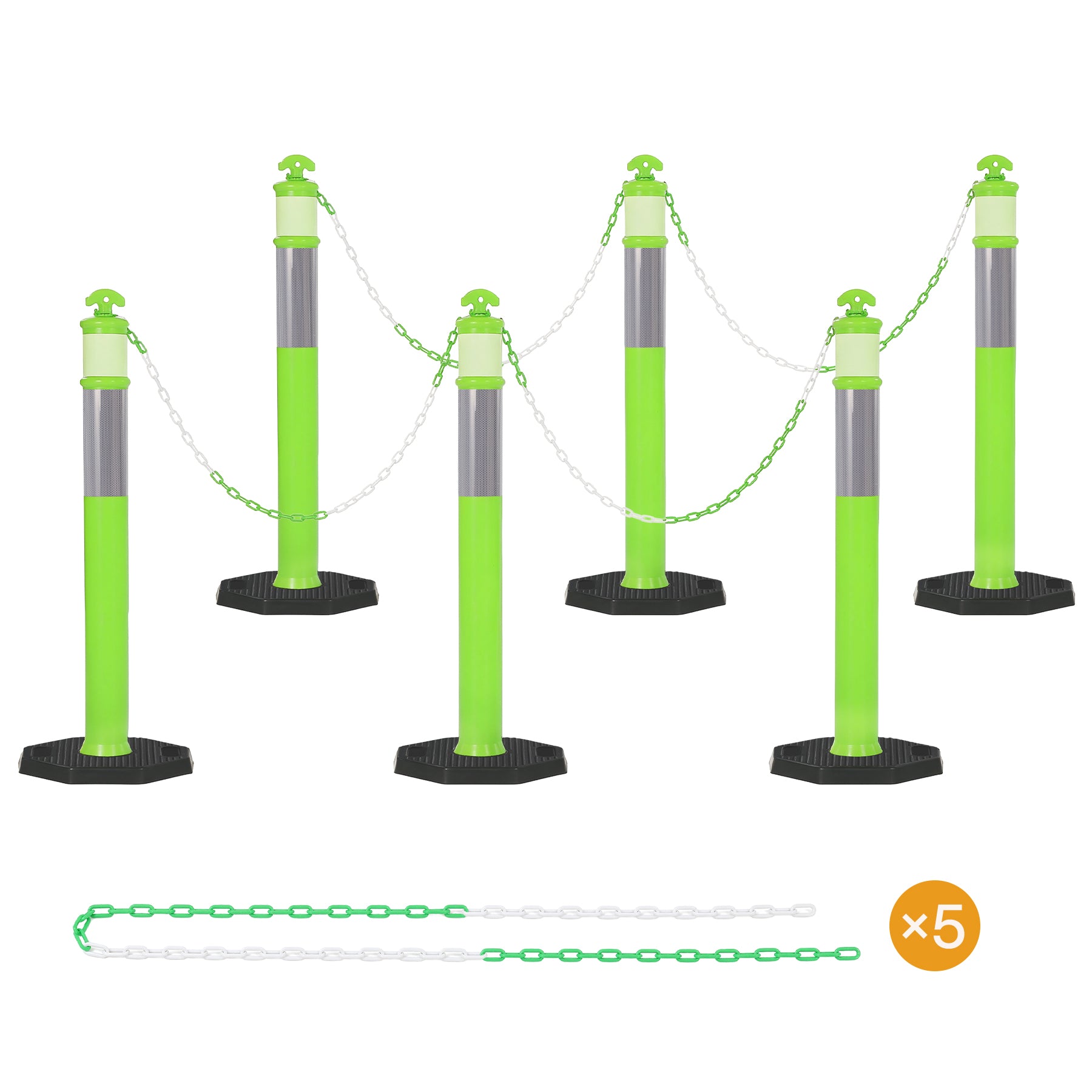 45" Reflective & Glow-in-the-Dark Traffic Delineator Posts with Heavy Rubber Base & Connecting Chains