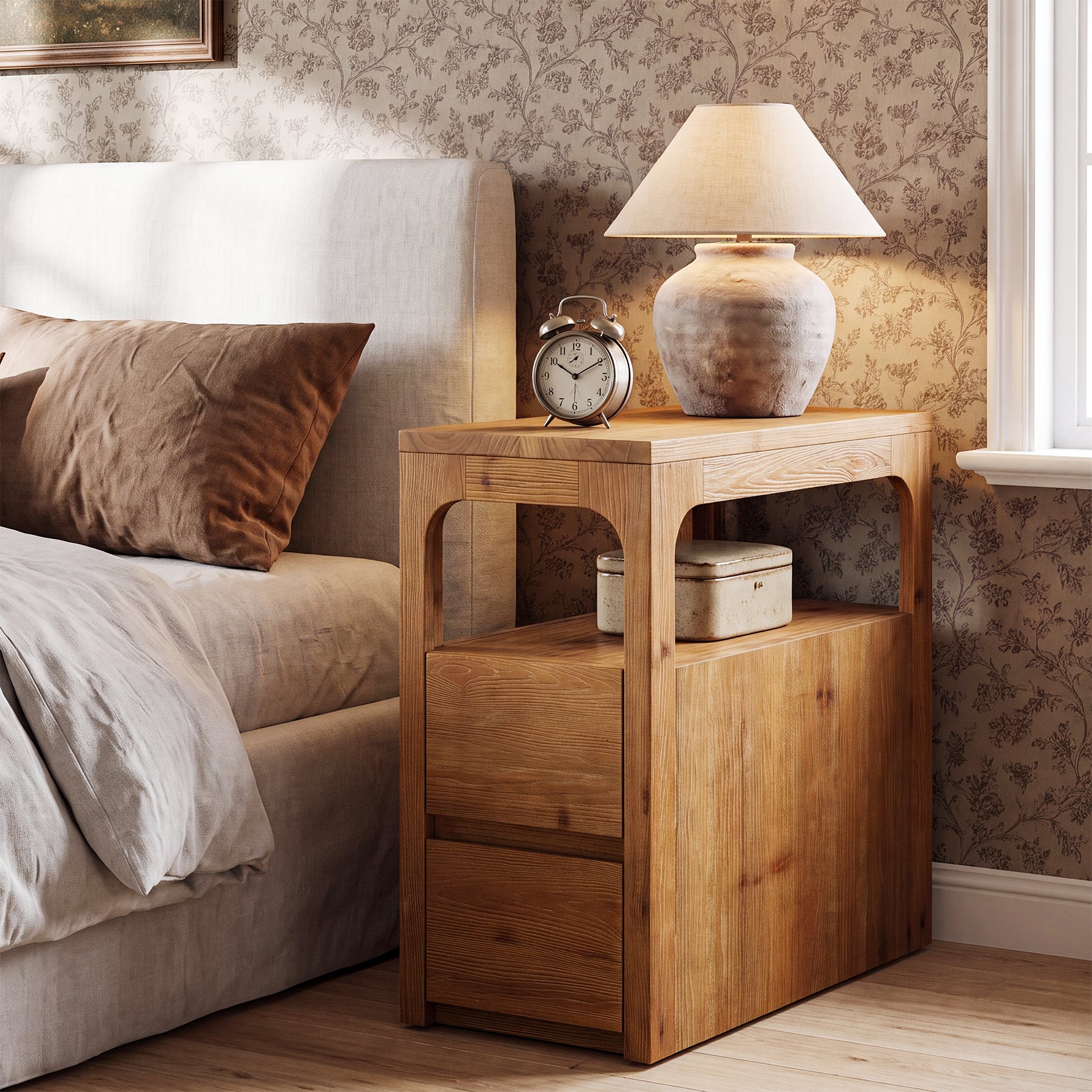 Narrow Solid Wood End Table, Farmhouse Side Table with 2 Drawers