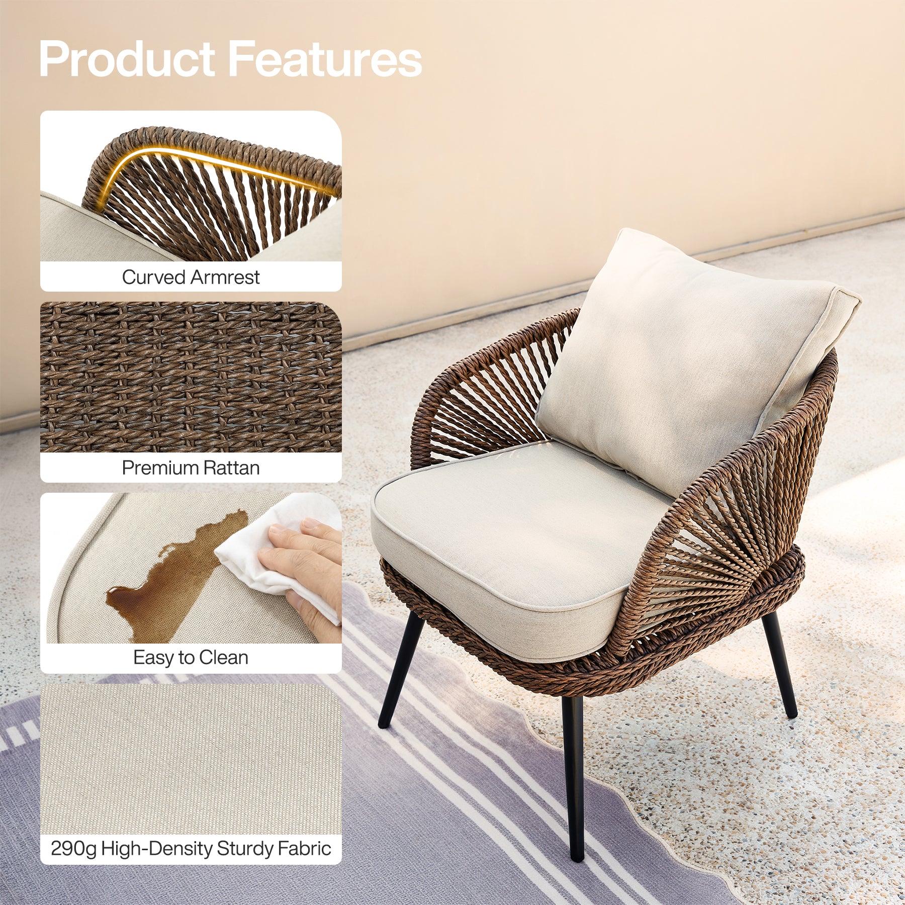 4-Piece Rattan Outdoor Patio Furniture Set with Removable Cushions and Coffee Table