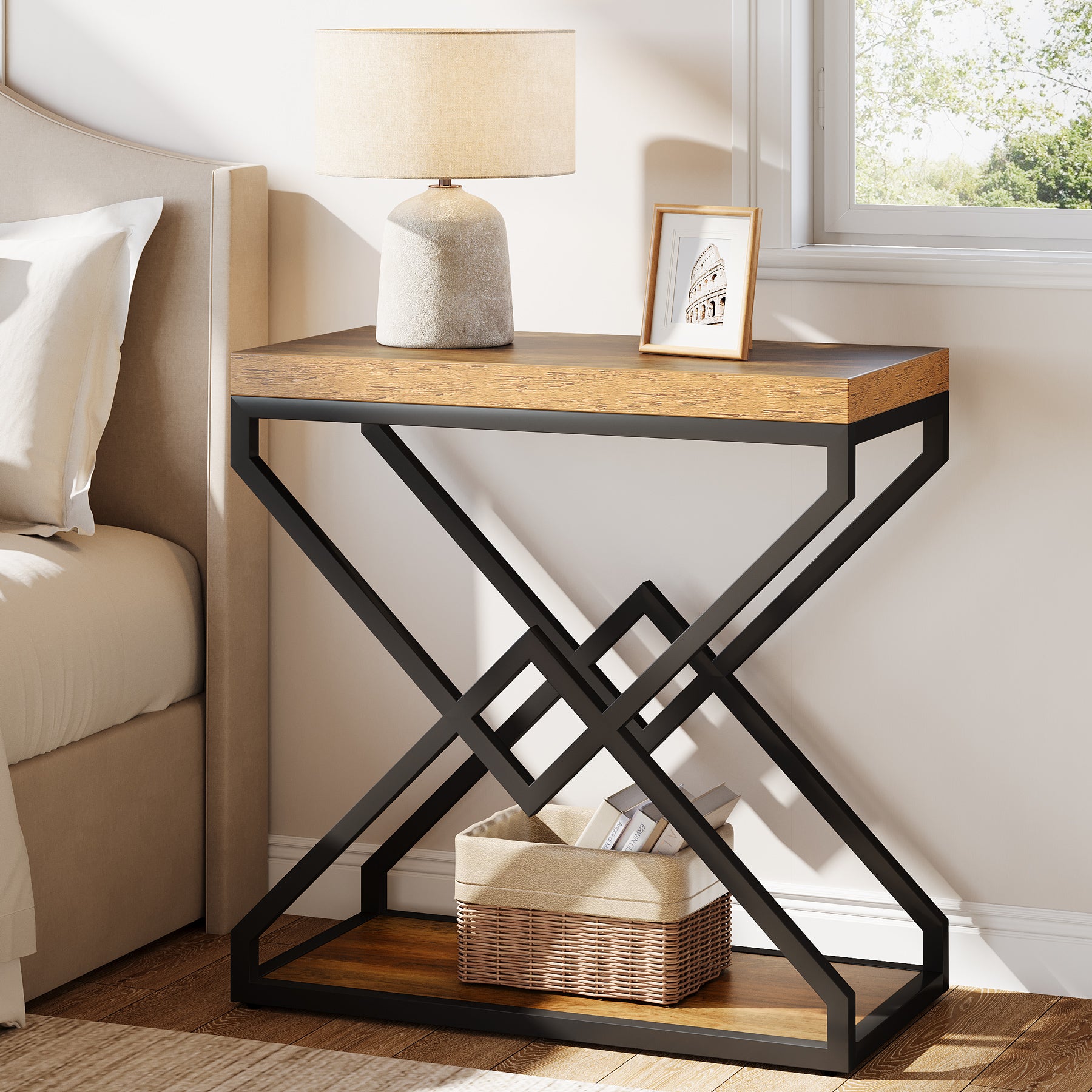 23.62" End Table, Narrow Side Table with Storage and X-Shaped Metal Frame