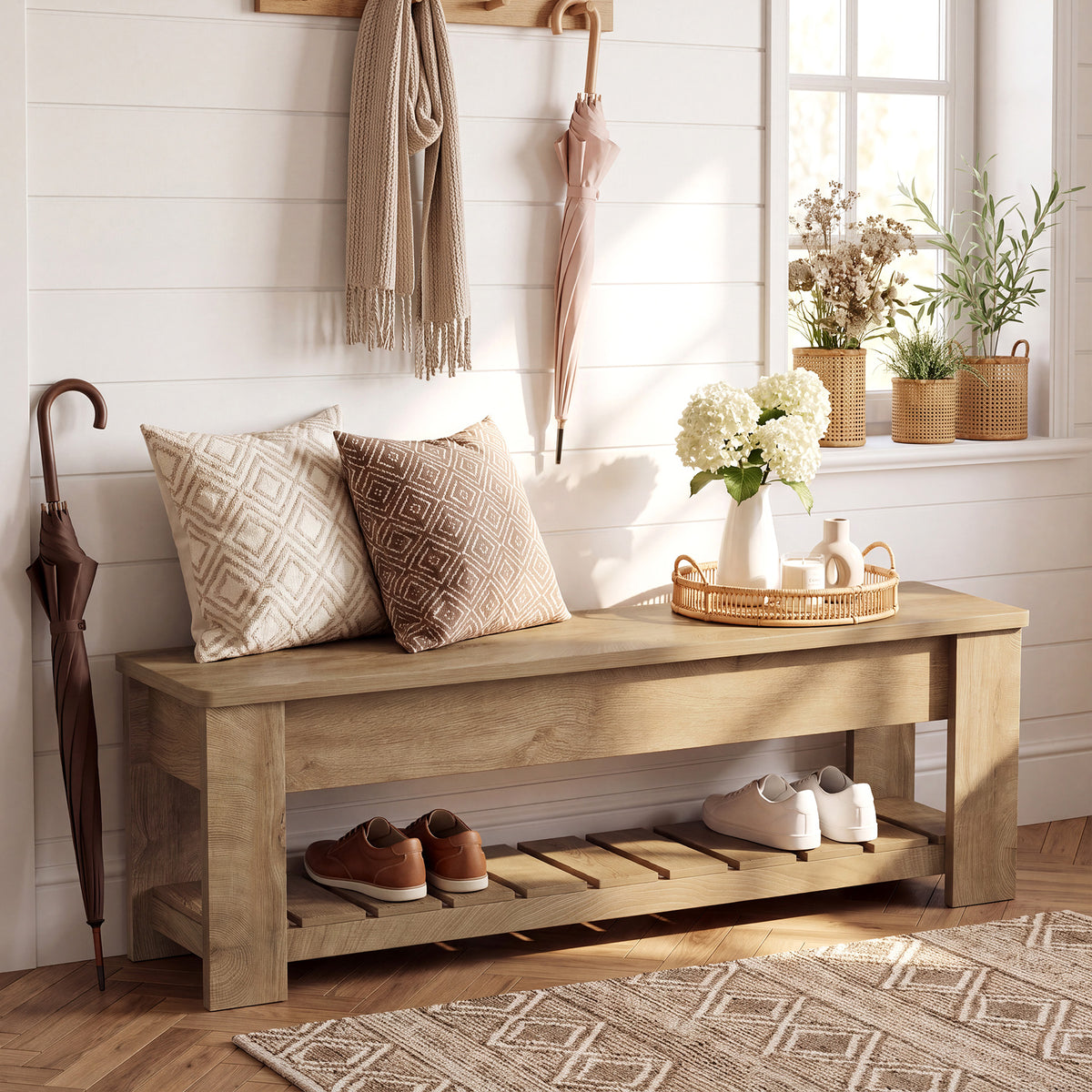 55.12" Lift Top Entryway Bench with Shoe Rack and Hidden Storage