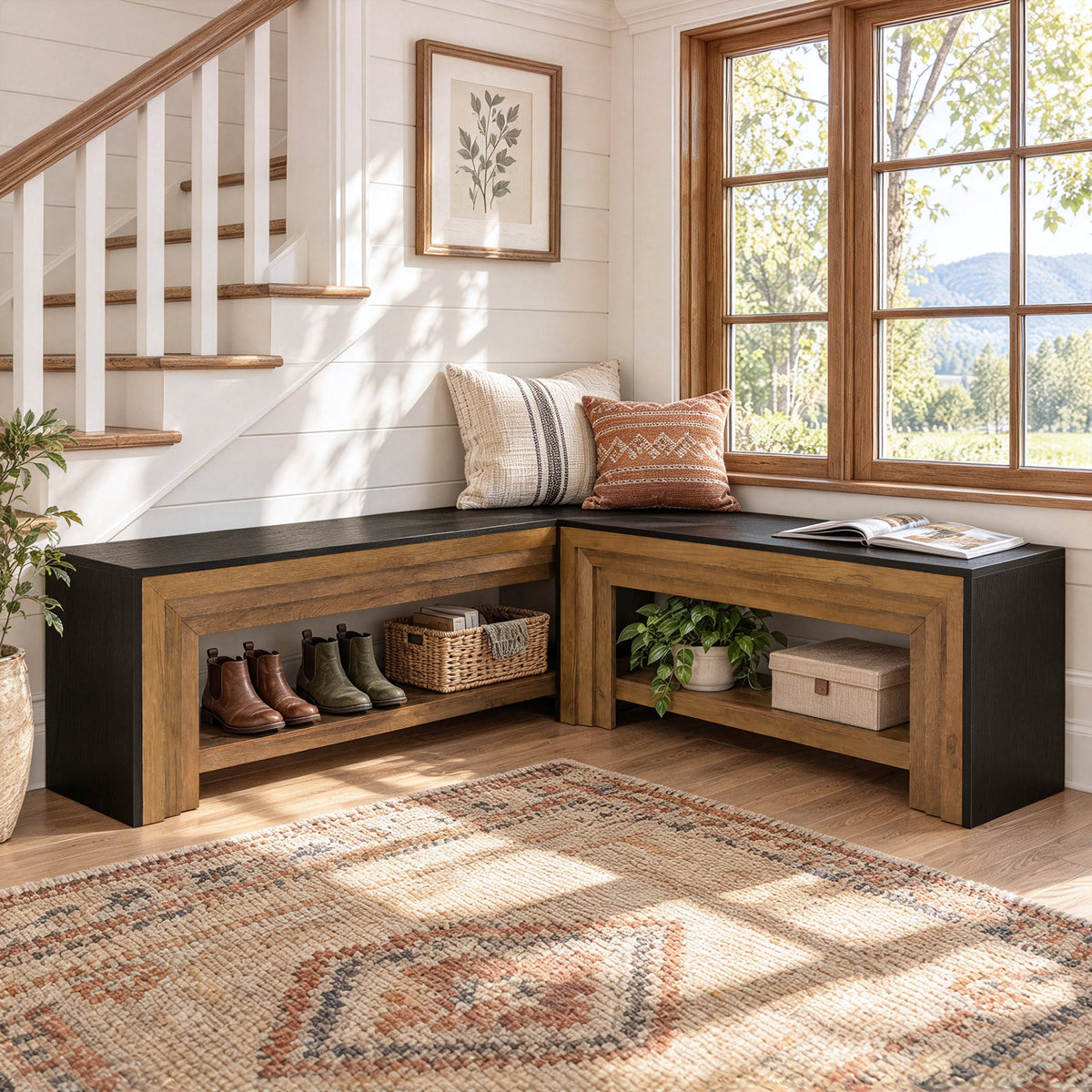 55" L-Shaped Corner Shoe Storage Bench, 2-Tier Entryway Bench with Open Shelves