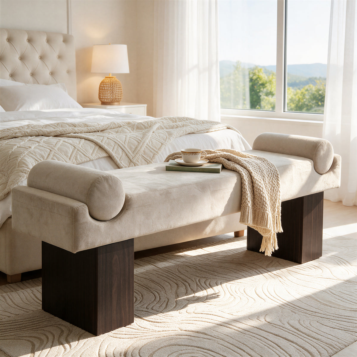55.3" Upholstered Entryway Shoe Bench, Padded End of Bed Bench with Roll Arms