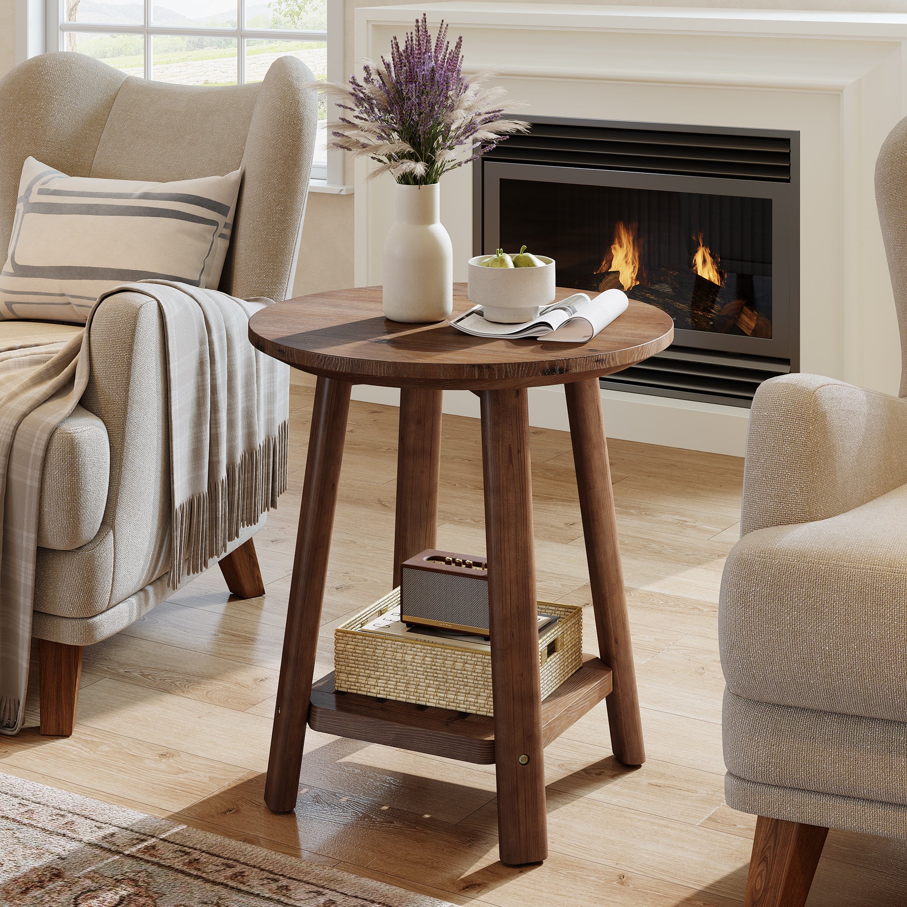 23.62" Round Solid Wood Side Table, 2-Tier Farmhouse Storage Shelf Walnut