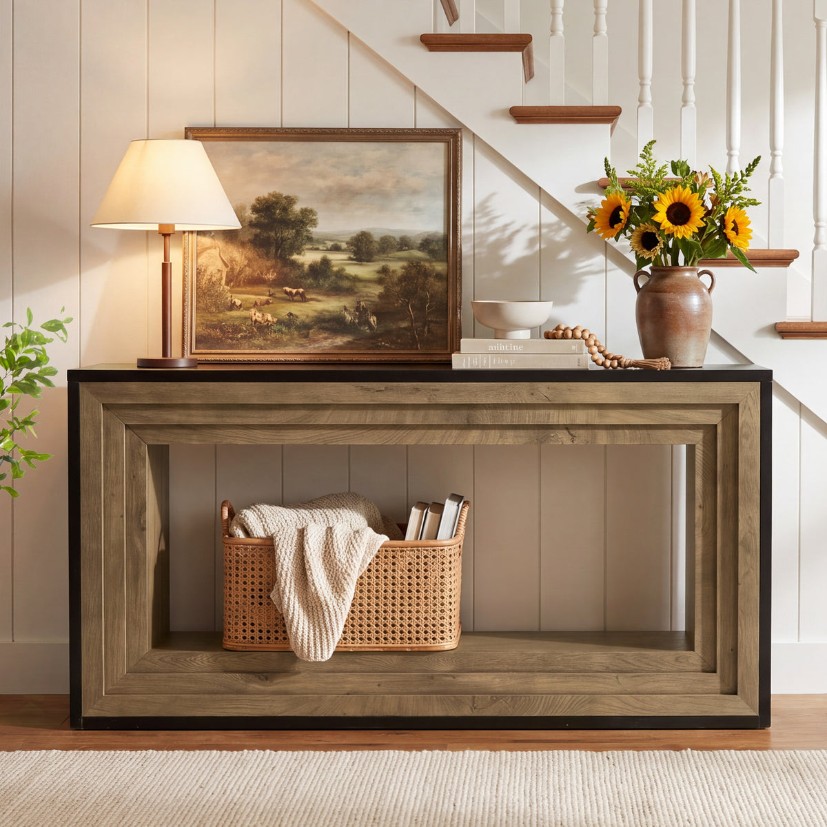 63" Console Table, Farmhouse Entryway Table Sofa Table Behind Couch with Storage Shelf