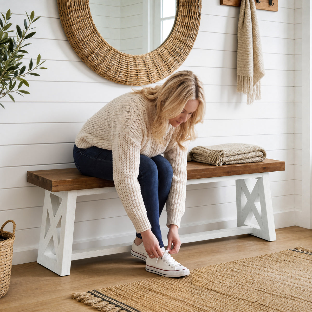 55" Farmhouse X-Leg Bench, Solid Wood Long Entryway Hallway Bench, Dining Room