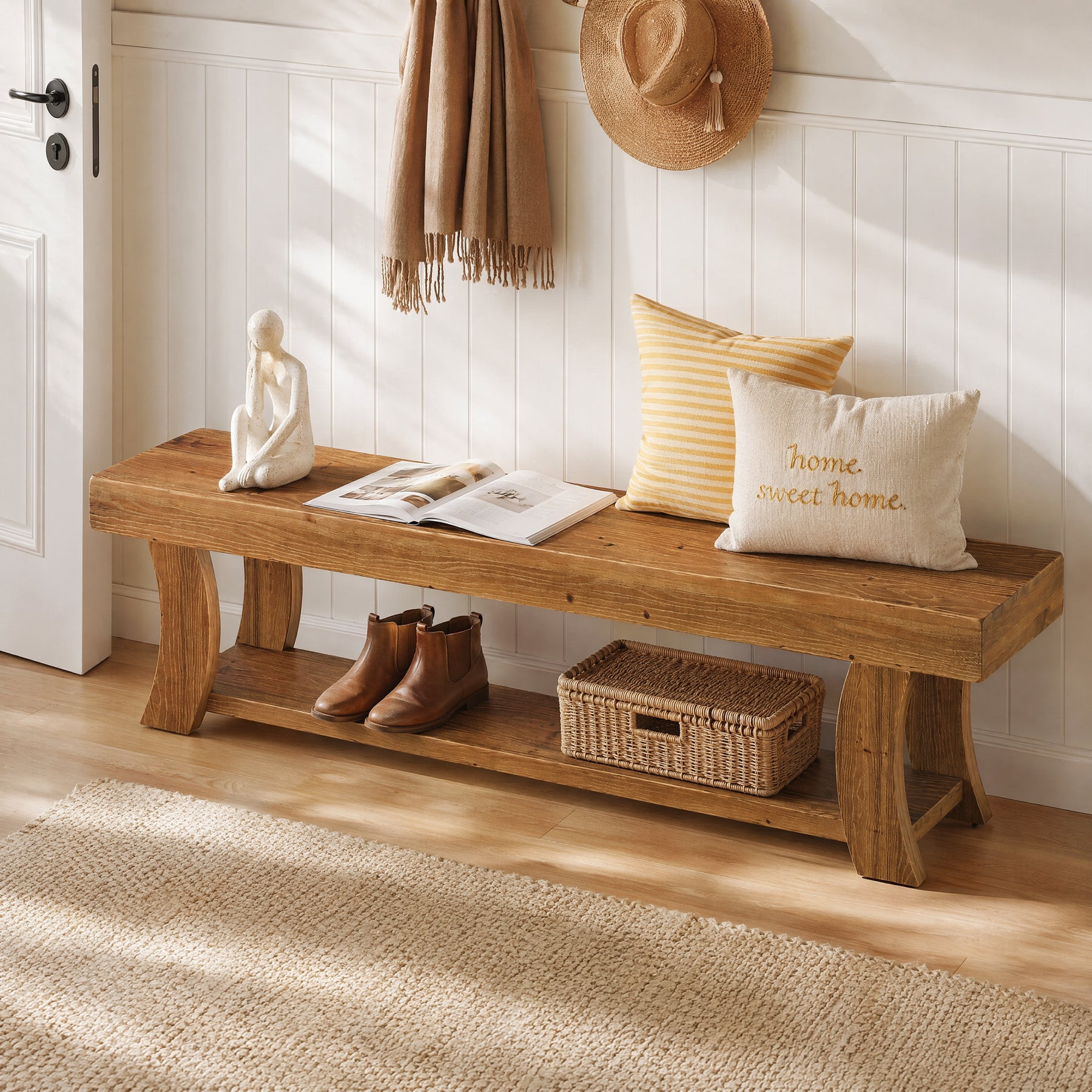 63" Solid Wood Entryway Bench, Narrow Shoe Storage Bench End of Bed Seat for Entryway