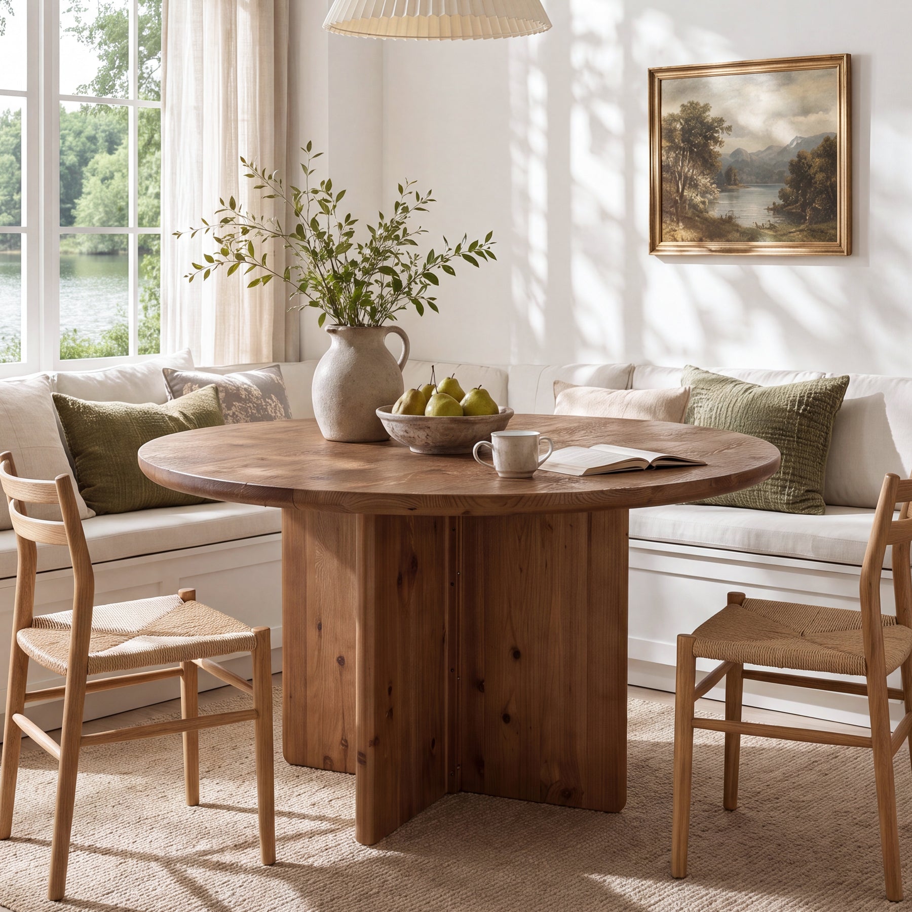 47.2" Round Dining Table, Solid Wood Kitchen Table with Cross Pedestal Base for 4-6
