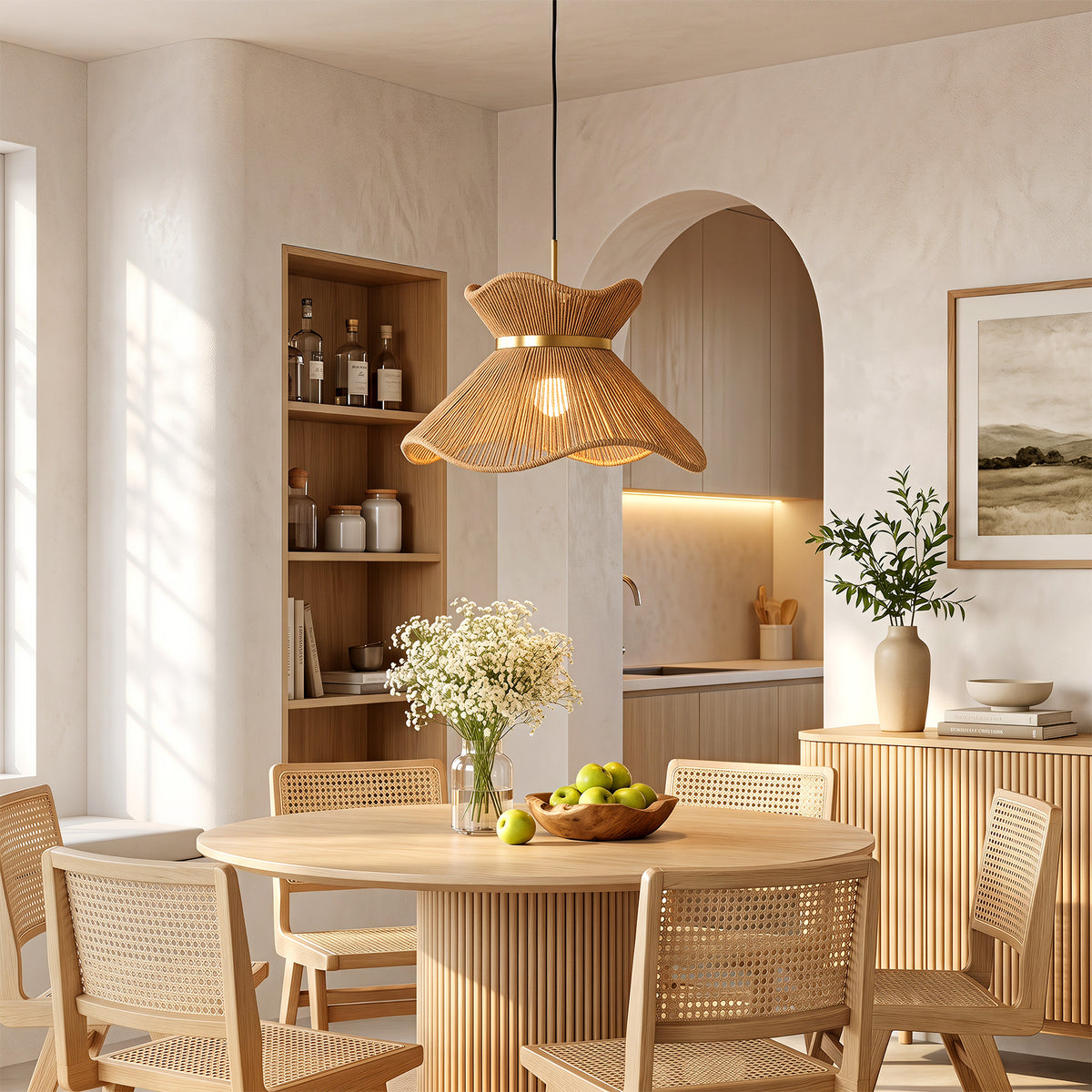 15.75" Farmhouse Rattan Pendant Light, Woven Boho Chandelier