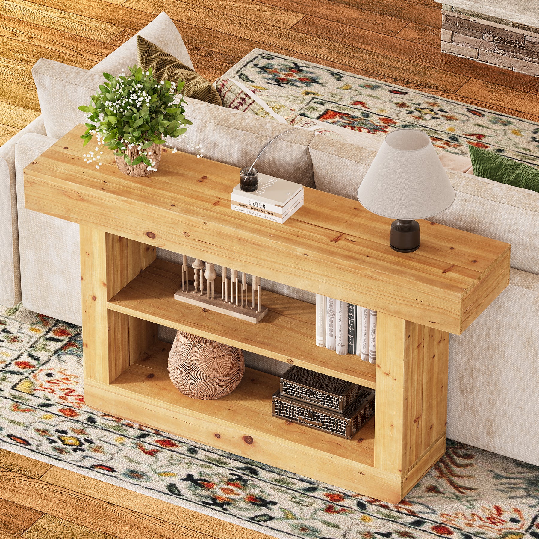 63" Solid Wood Console Table, 3-Tier Sofa Table with Storage for Entryway