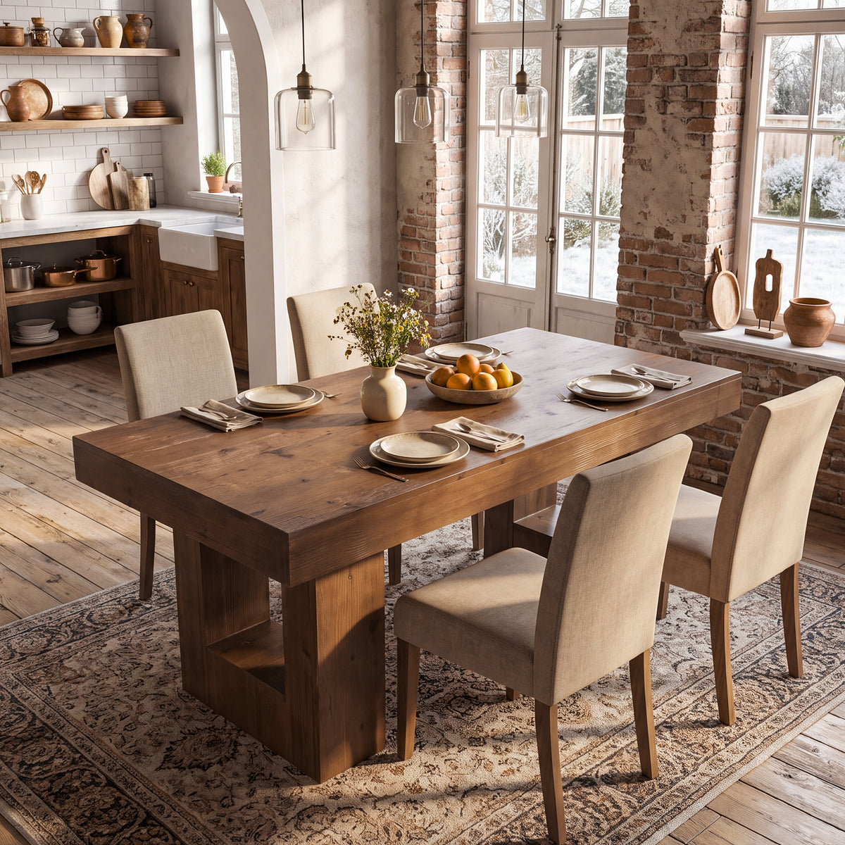 63" Solid Wood Dining Table for 4-6, Rectangular Kitchen Table with Heavy-Duty Base