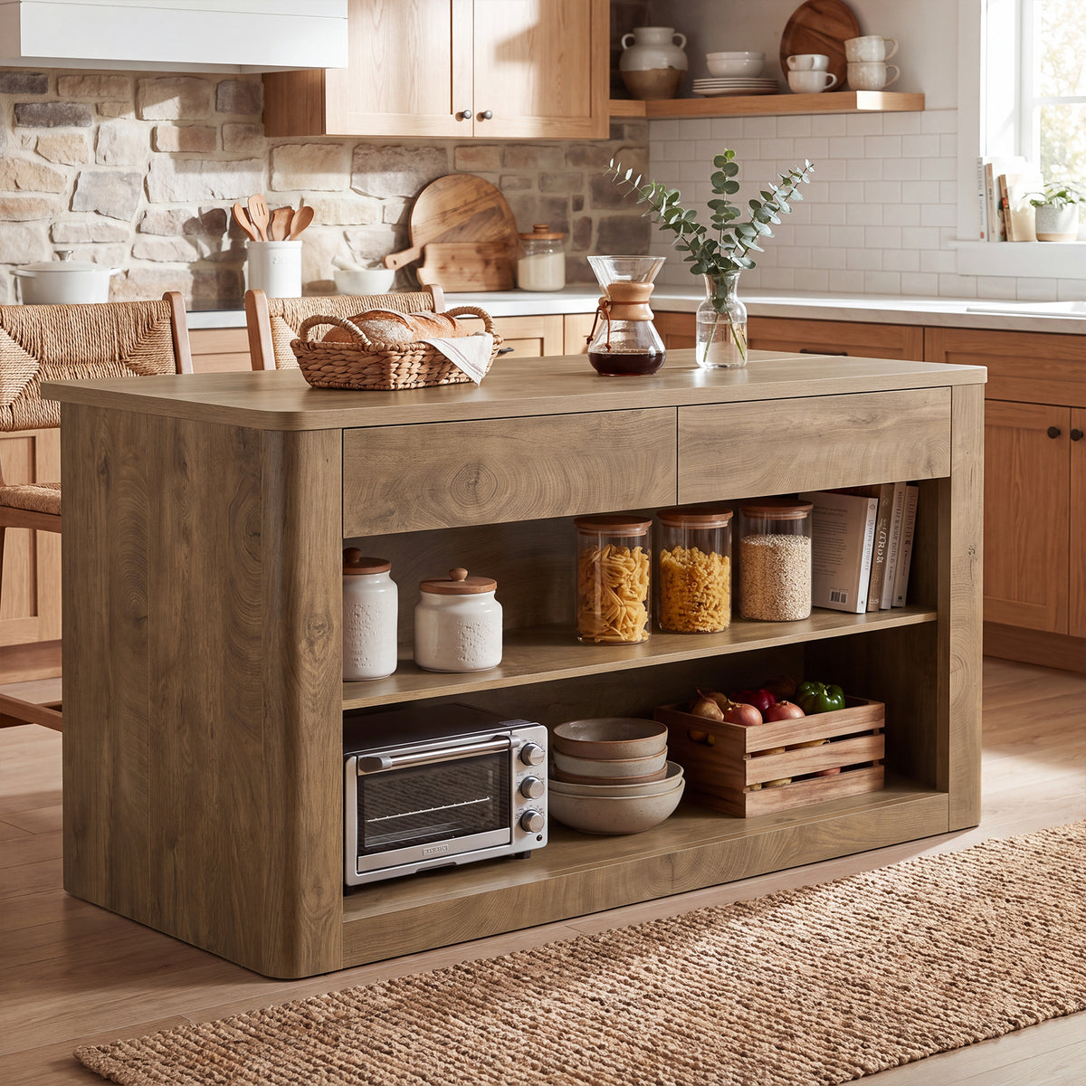 55" Kitchen Island with 2 Drawers & 3 Shelves, Farmhouse Stationary Island Table