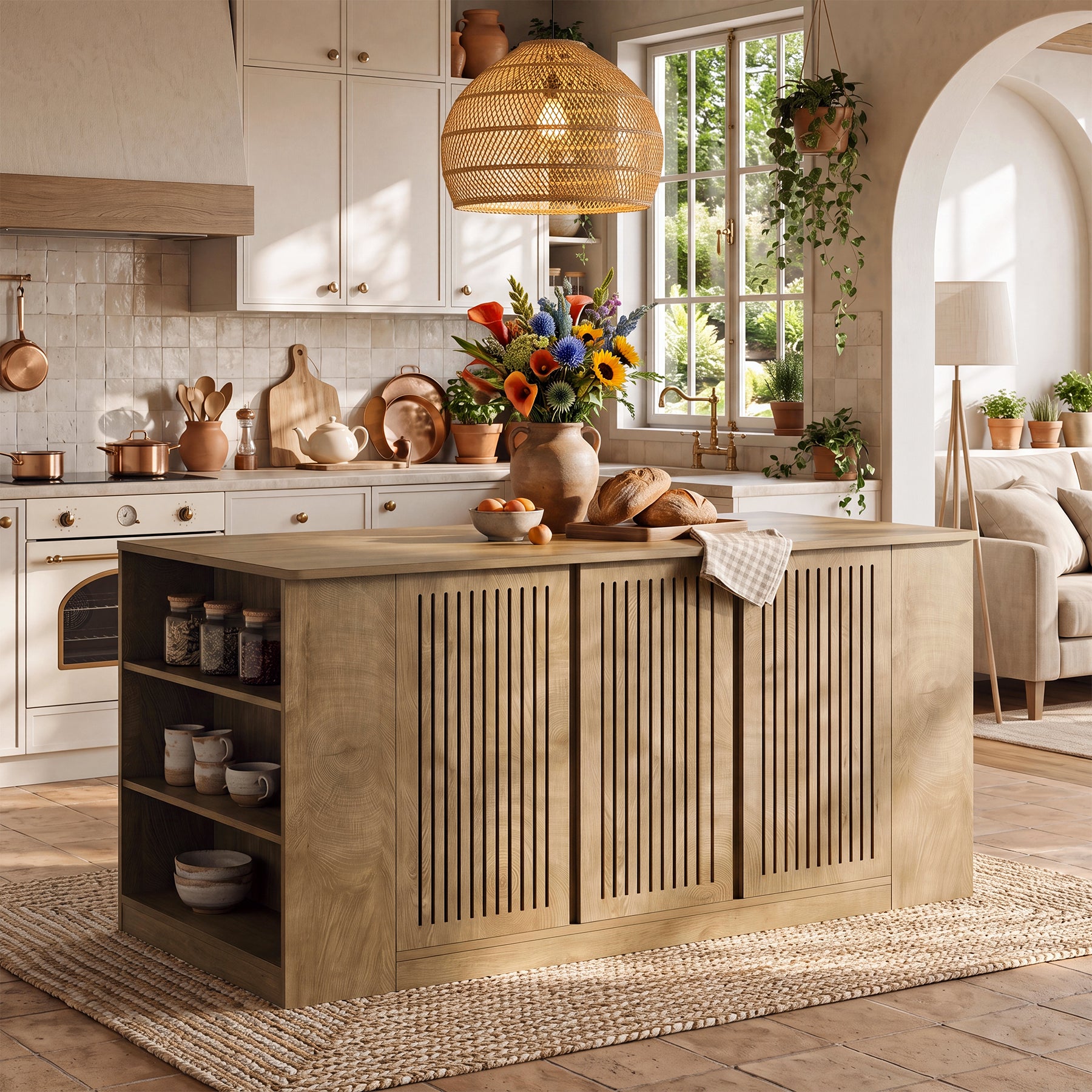 71" Kitchen Island with Slatted Doors Cabinet & 6 Open Shelves for Apartment & Home
