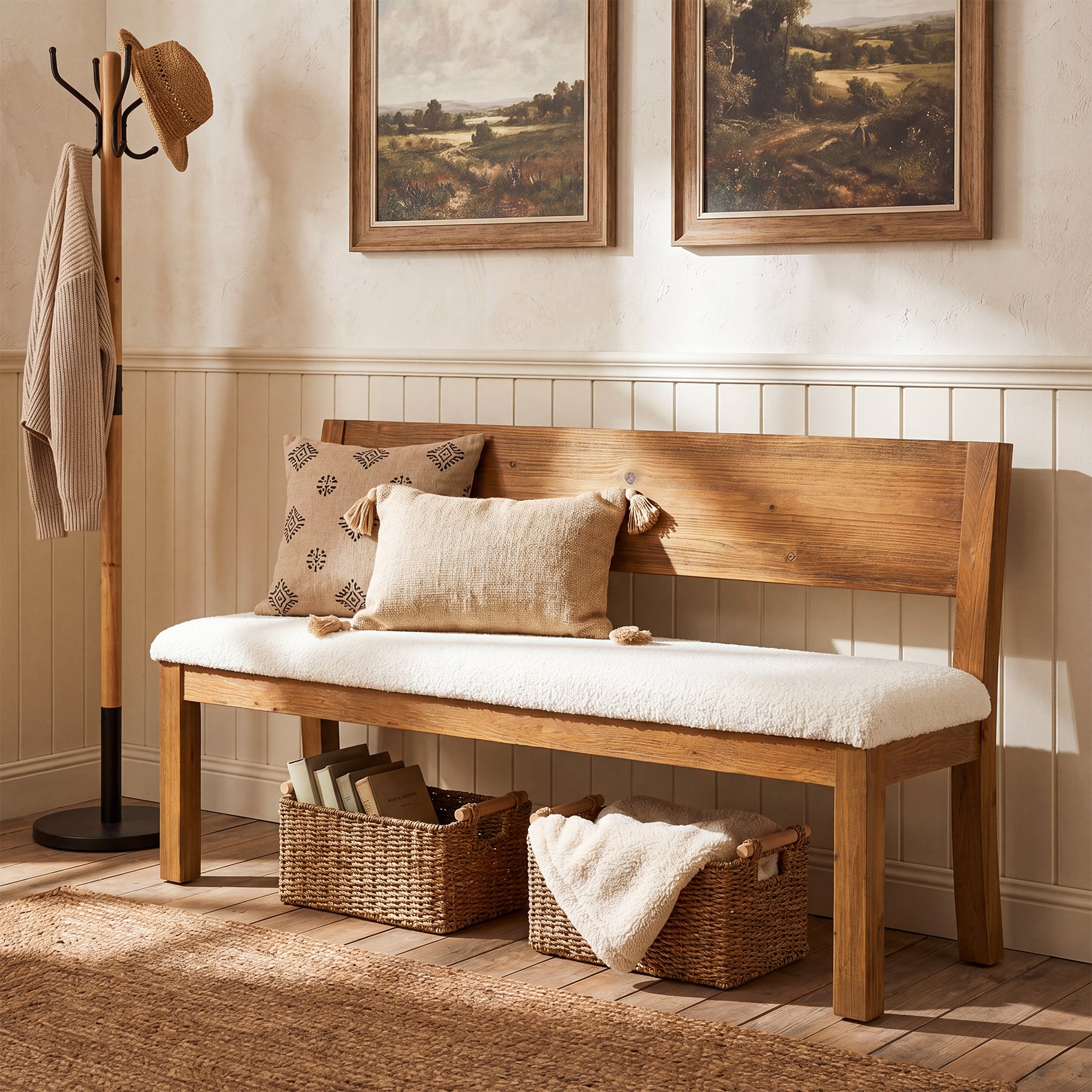 55" Entryway Bench, Upholstered Storage Bench with Backrest for Hallway