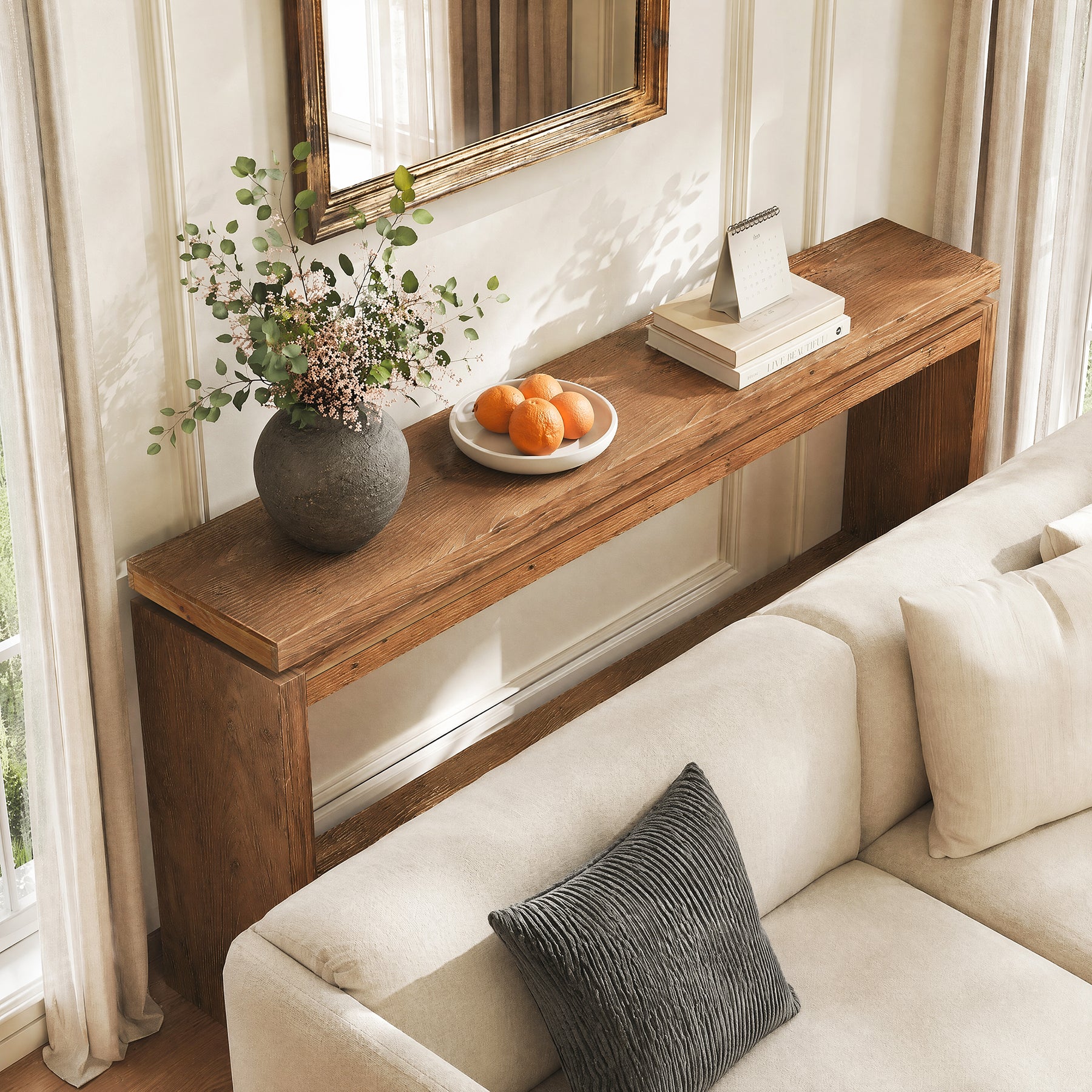 63" Solid Wood Console Table, 2-Tier Accent Sofa Table with Layered Double-Top Design