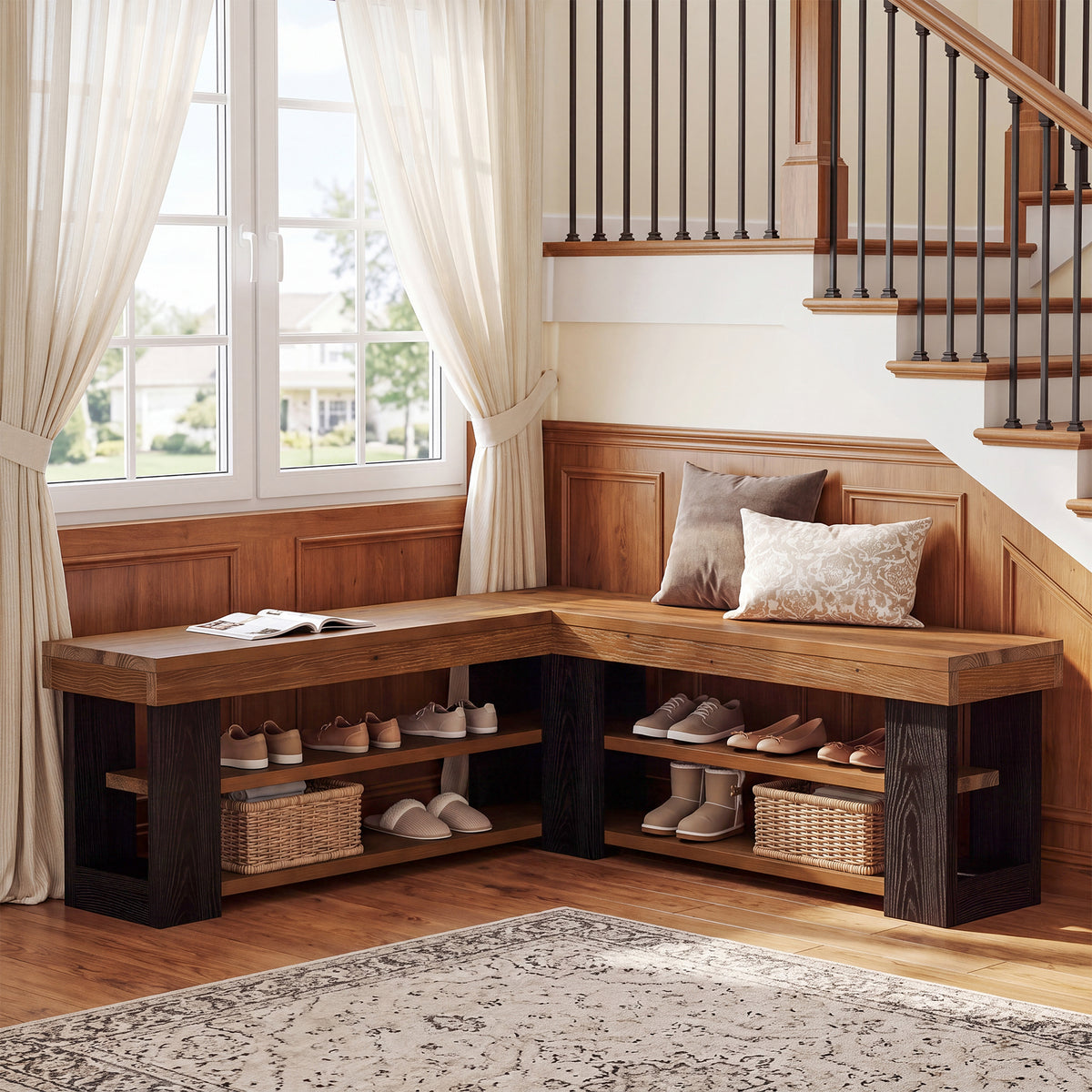 47" L-Shaped Corner Bench, 3-Tier Solid Wood Entryway Bench, Hallway Mudroom