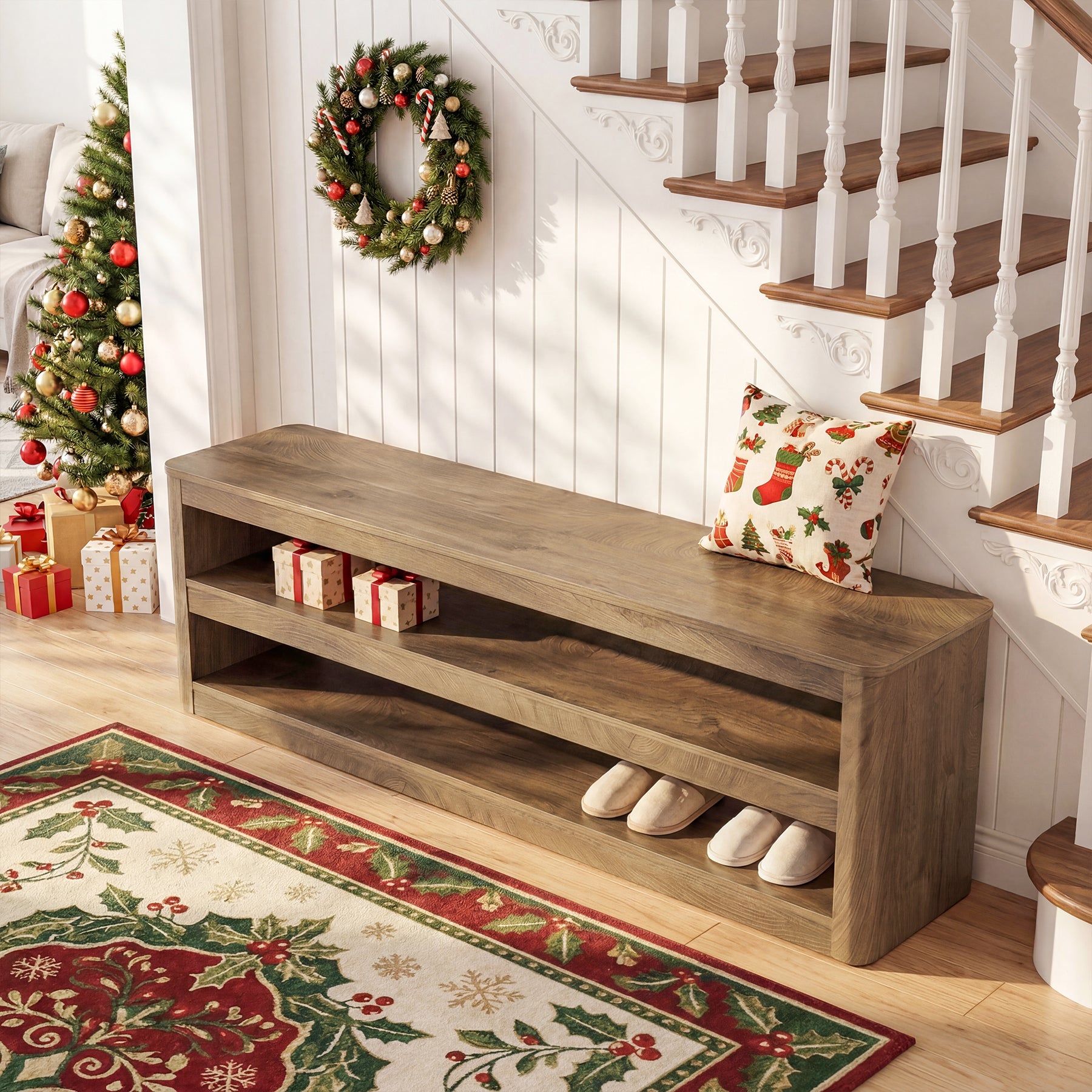 55" Entryway Bench, 3-Tier Shoe Bench End of Bed Seat for Hallway, Bedroom