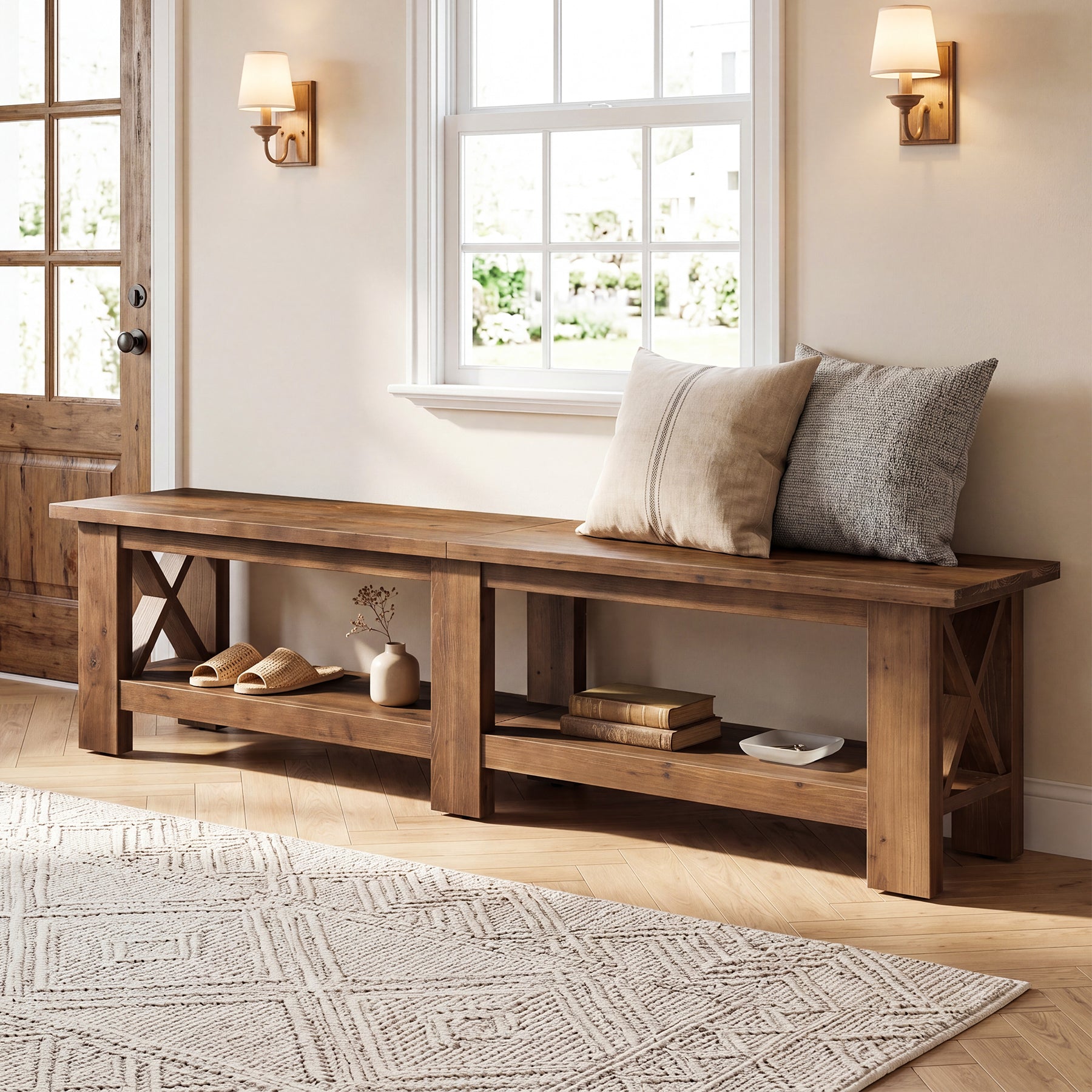 70.87" Solid Wood Entryway Shoe Bench, Farmhouse End of Bed Bench with Storage