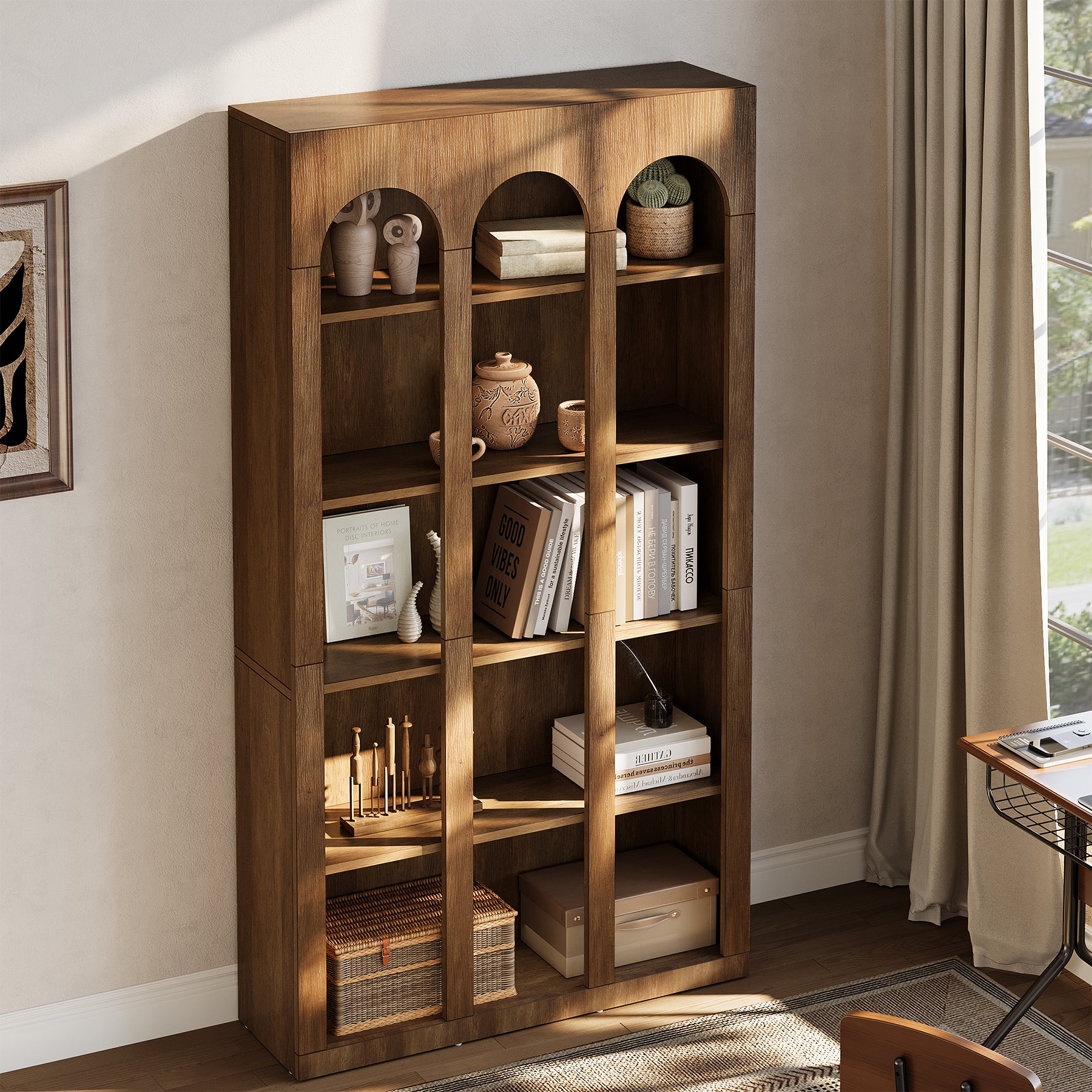 70.8" Arched 5-Tier Bookshelf with Open Shelves, Vintage Farmhouse Style Tall Display Bookcase