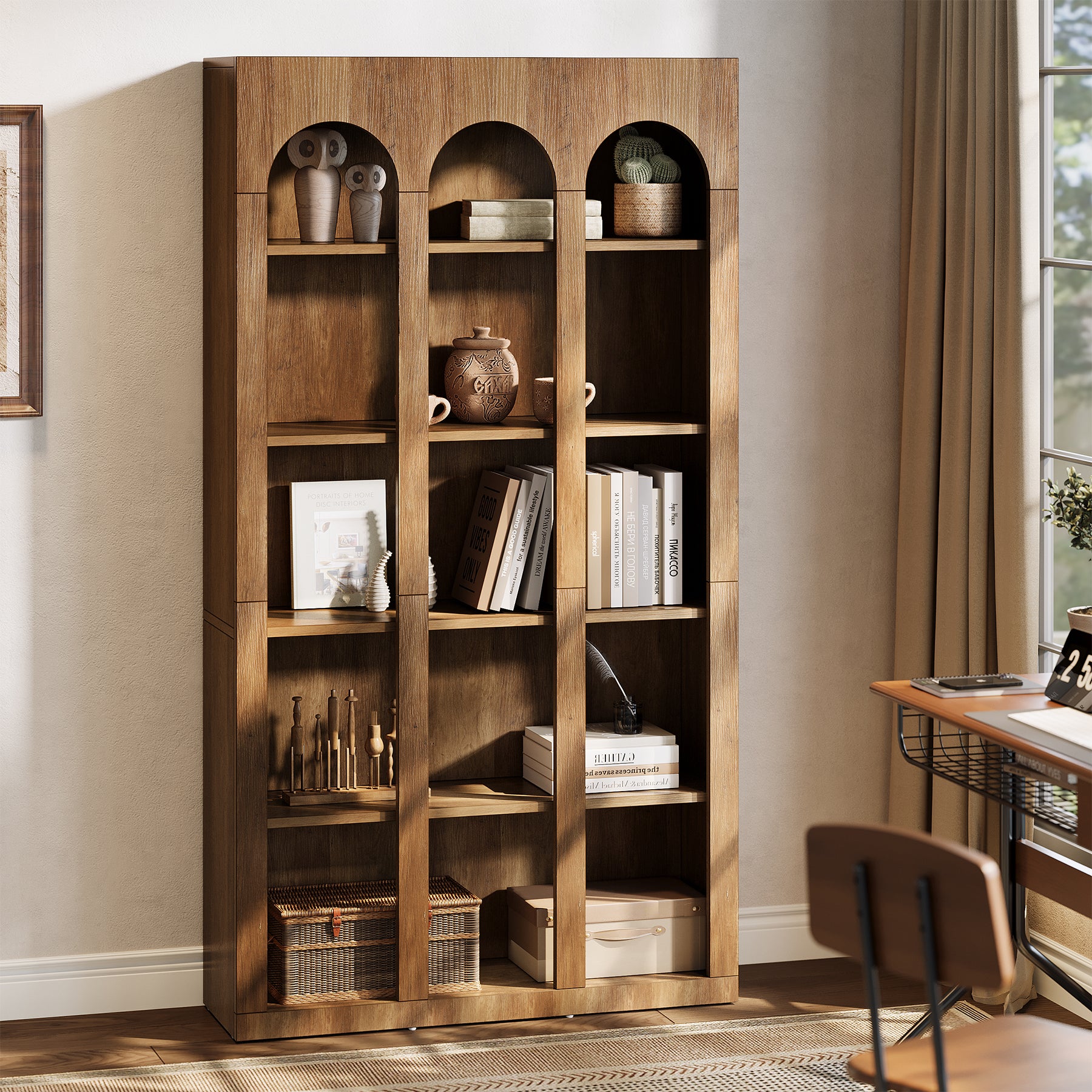 70.8" Arched 5-Tier Bookshelf with Open Shelves, Vintage Farmhouse Style Tall Display Bookcase