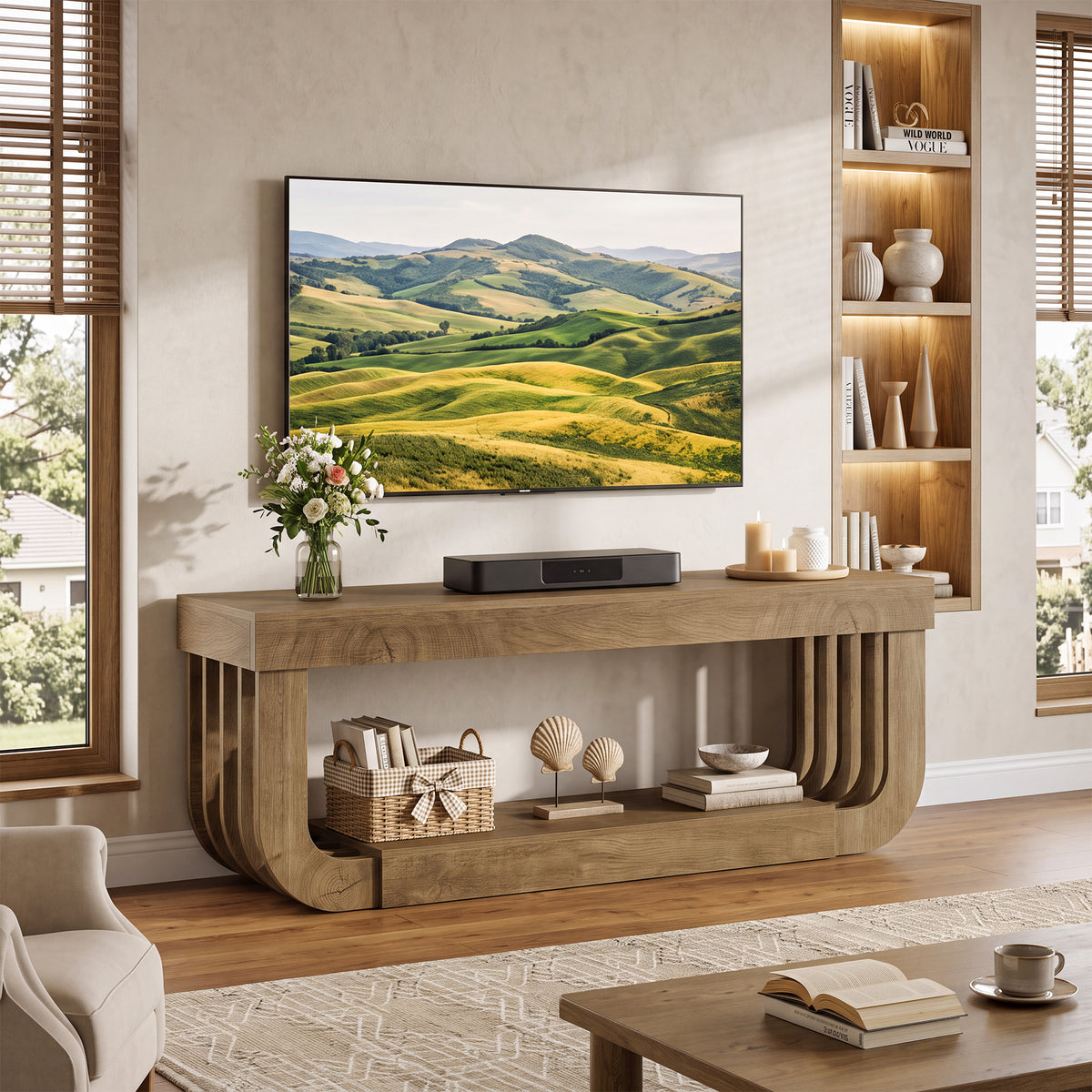 63" TV Stand, Modern Entertainment Center Media Console with Curved Open Storage