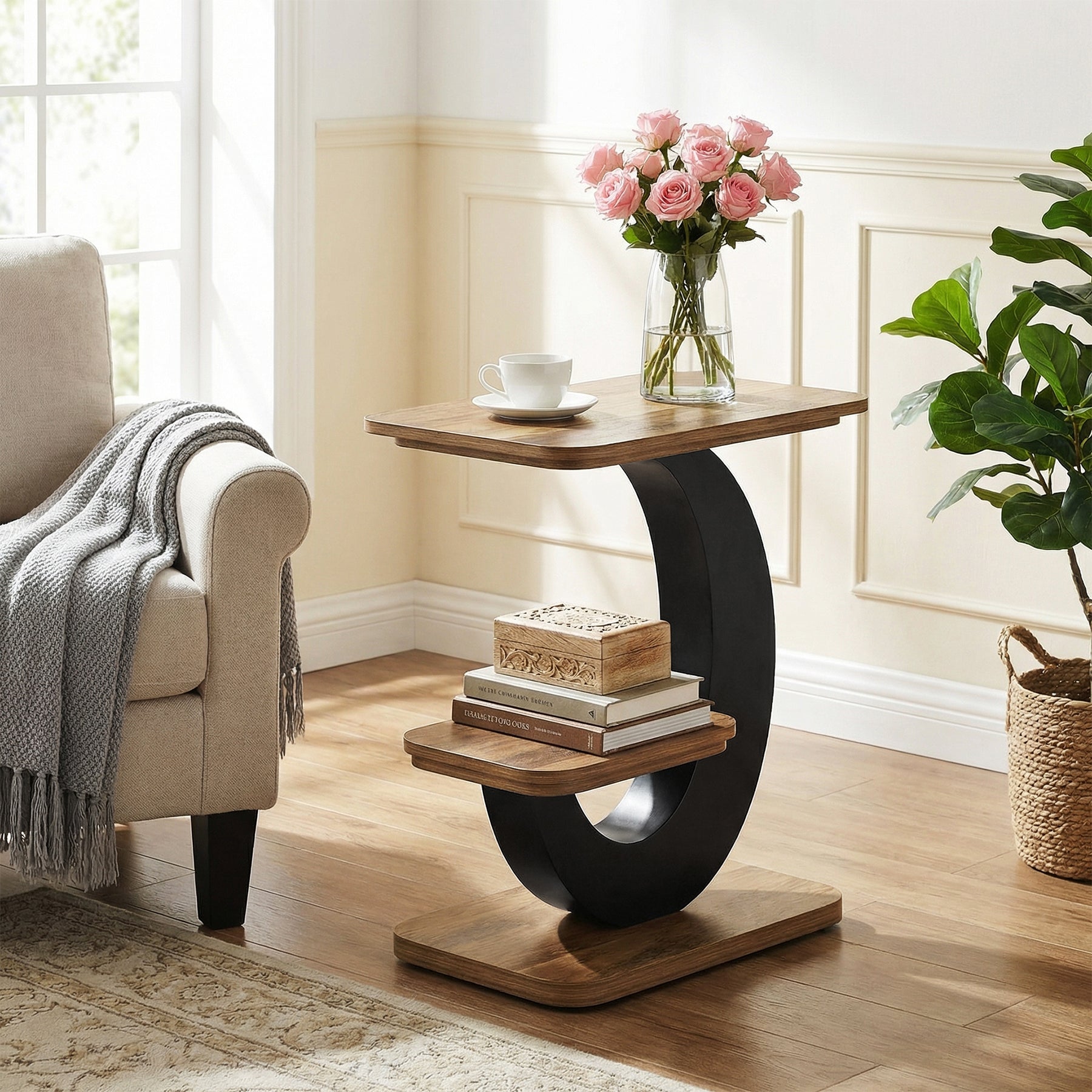 2-Tier End Table, Narrow Side Table with Metal Arc-Shaped Frame