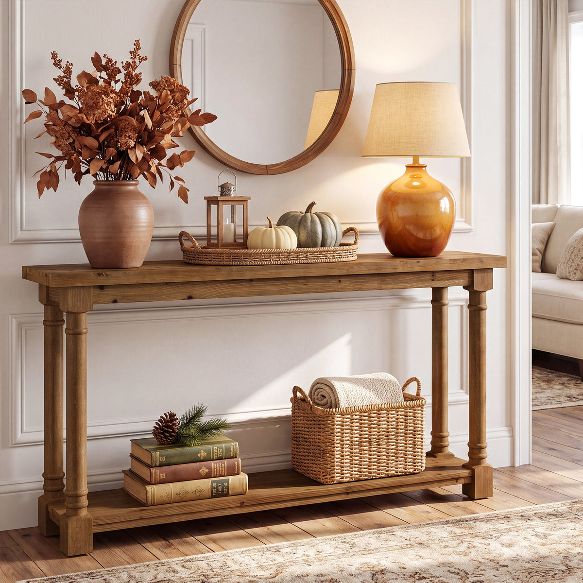 63" Solid Wood Console Table, 2-Tier Entryway Table with Turned Spindle Legs for Hallway