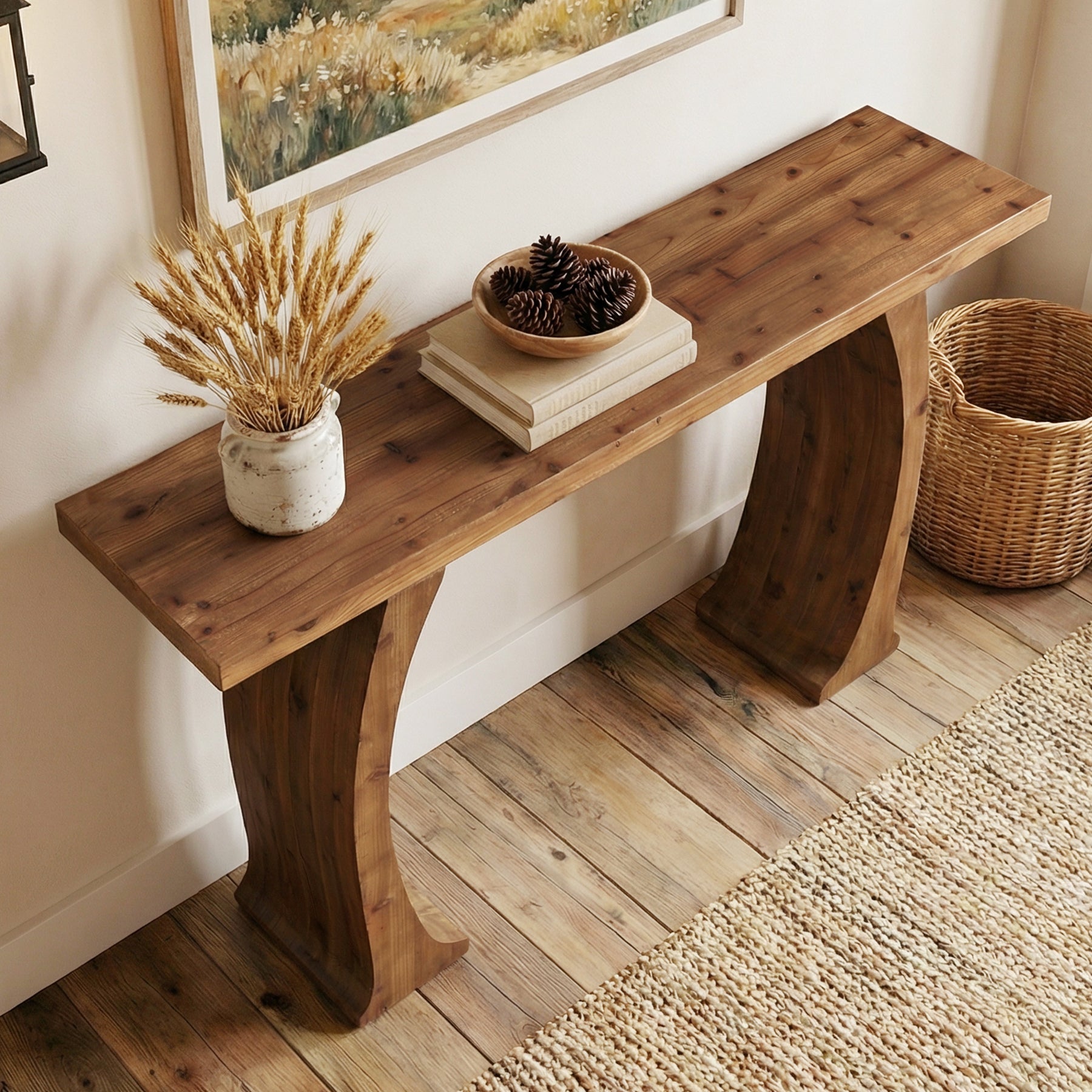 63" Farmhouse Console Table, Rustic Entryway Table with Curved Legs