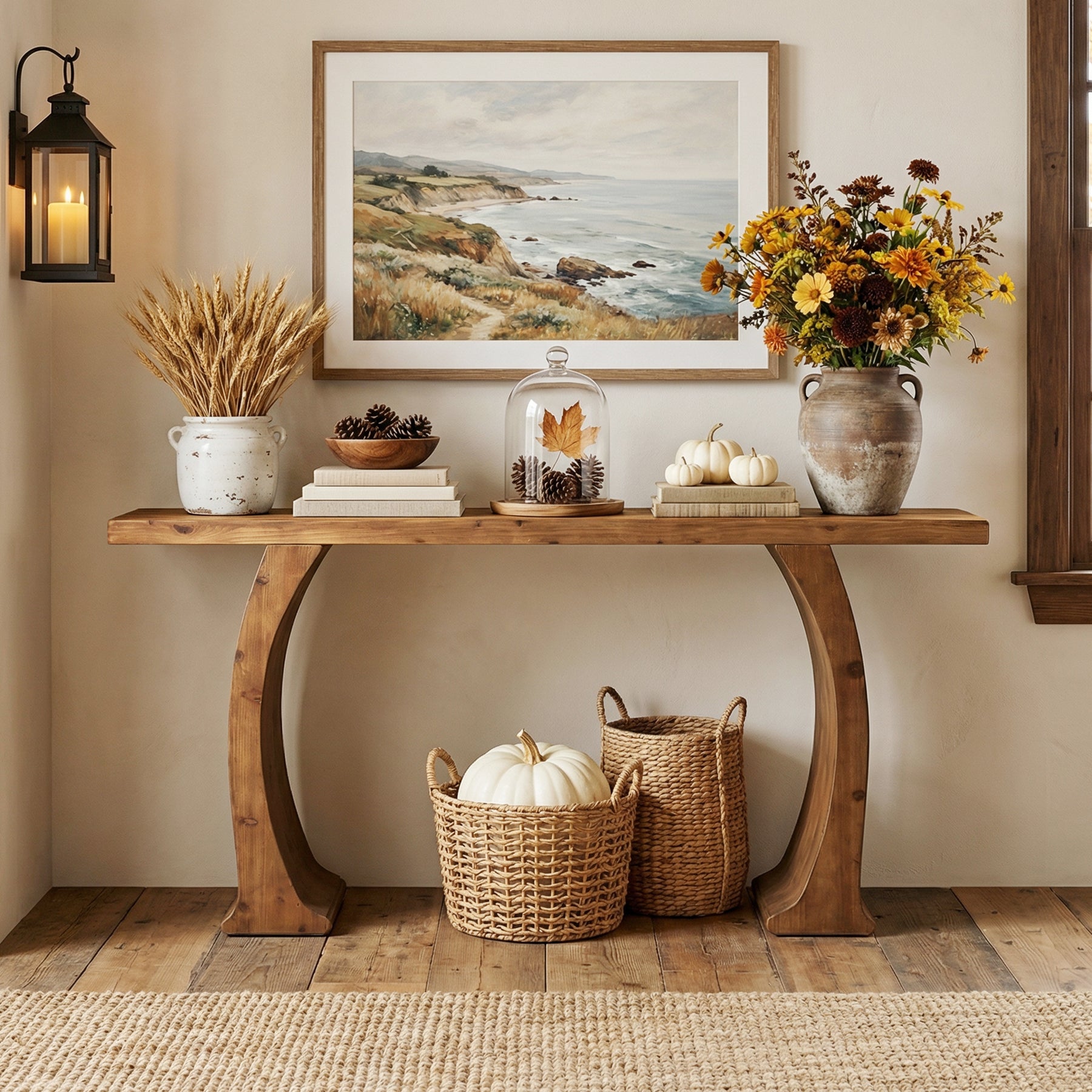 63" Farmhouse Console Table, Rustic Entryway Table with Curved Legs