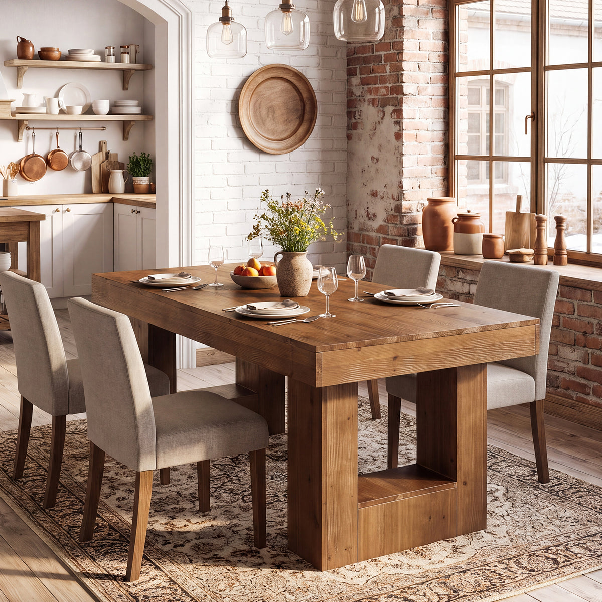 63" Solid Wood Dining Table for 4-6, Rectangular Kitchen Table with Heavy-Duty Base