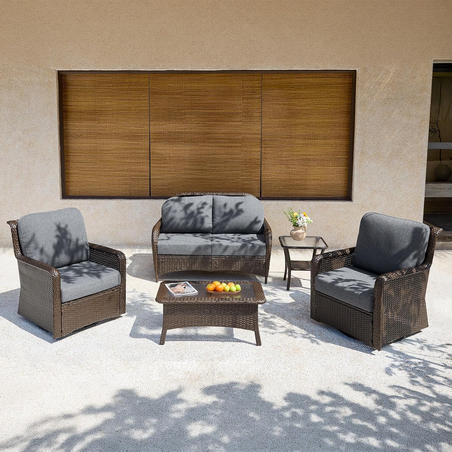 5-Piece Wicker Patio Furniture Set, Outdoor PE Rattan Conversation Set for Backyard