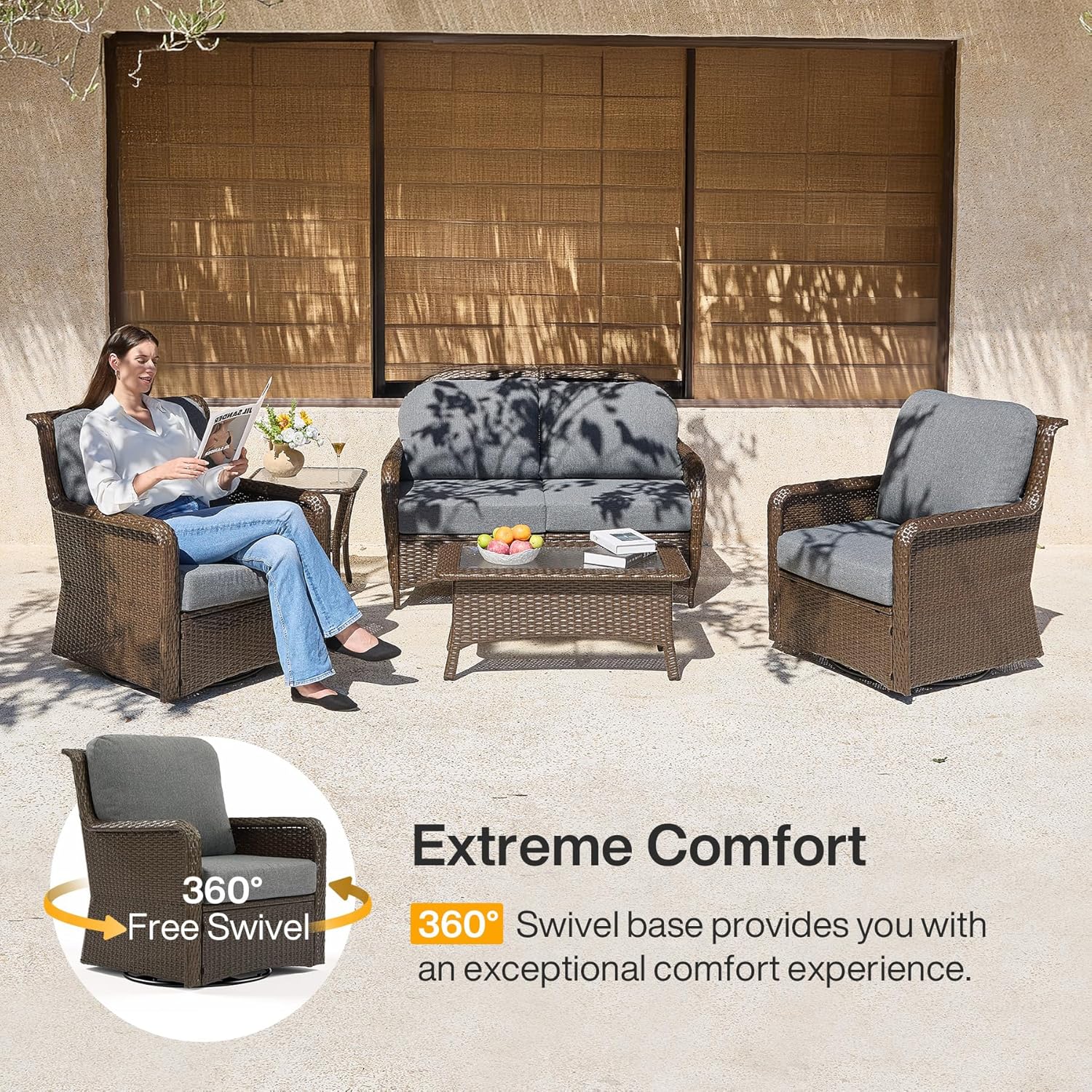 5-Piece Wicker Patio Furniture Set, Outdoor PE Rattan Conversation Set for Backyard