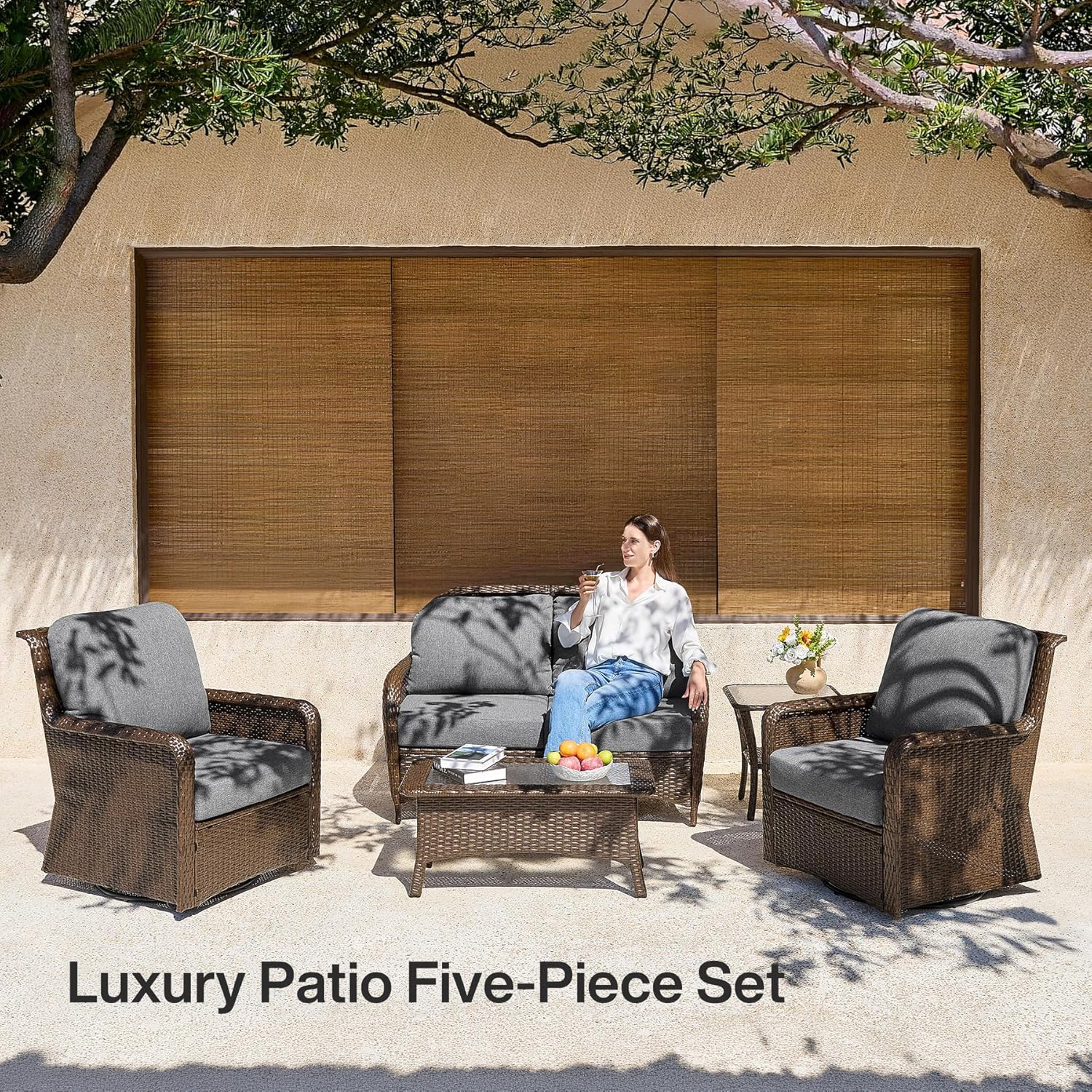 5-Piece Wicker Patio Furniture Set, Outdoor PE Rattan Conversation Set for Backyard