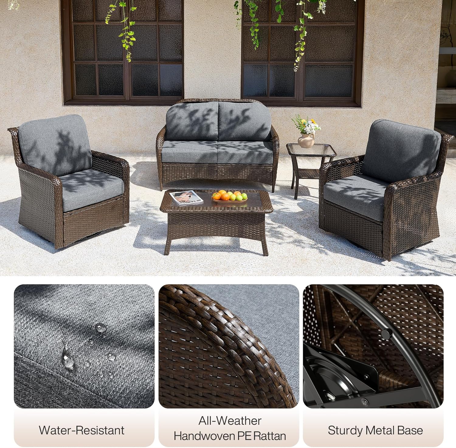 5-Piece Wicker Patio Furniture Set, Outdoor PE Rattan Conversation Set for Backyard