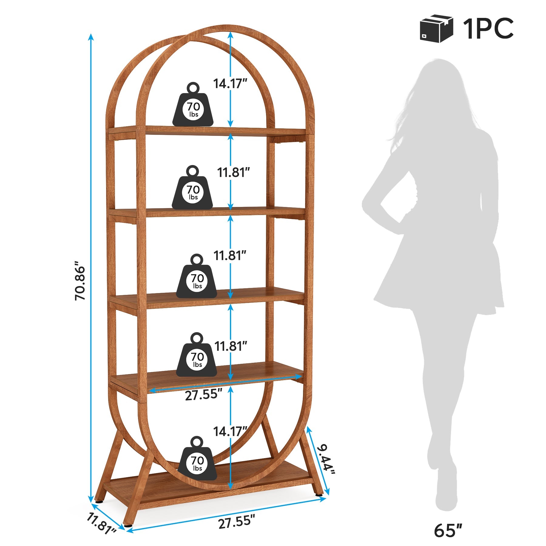 5-Tier Bookshelf, 70.8" Open Bookcase Arched Display Rack
