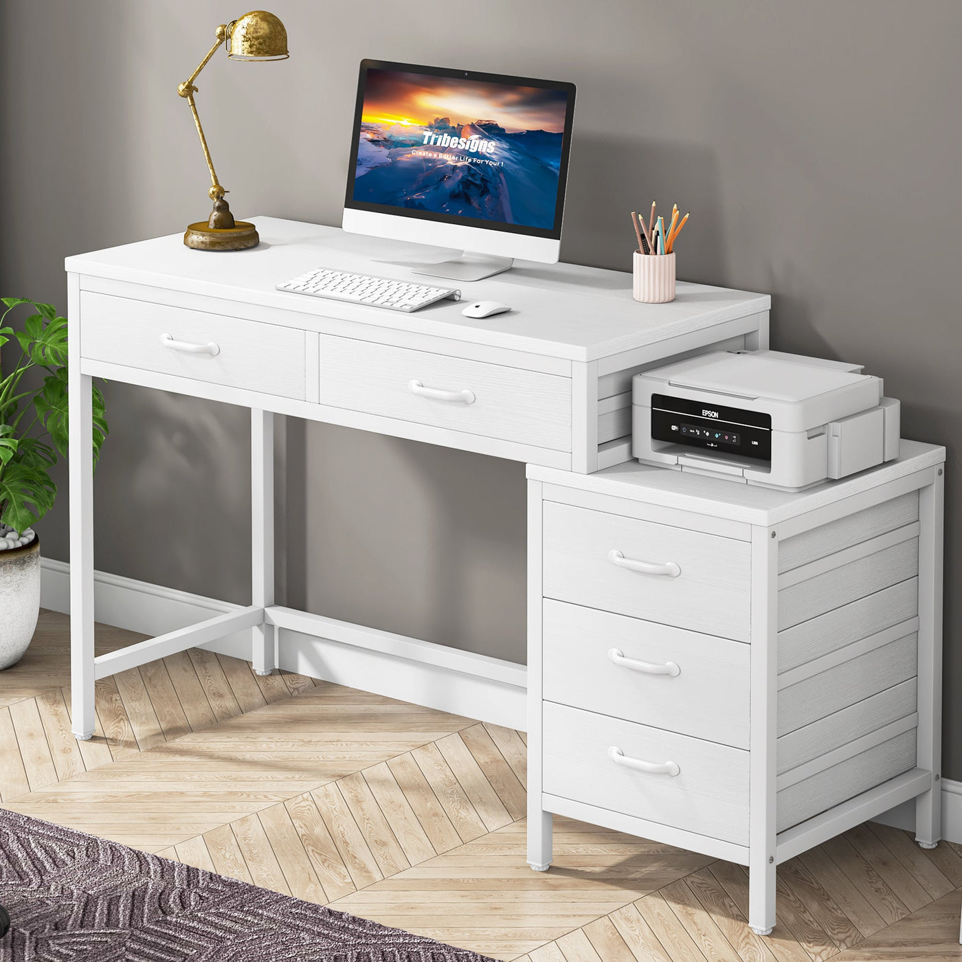 Drawer Computer Drive Tribesigns 51‘’ Vintage Computer Desk with Drawers