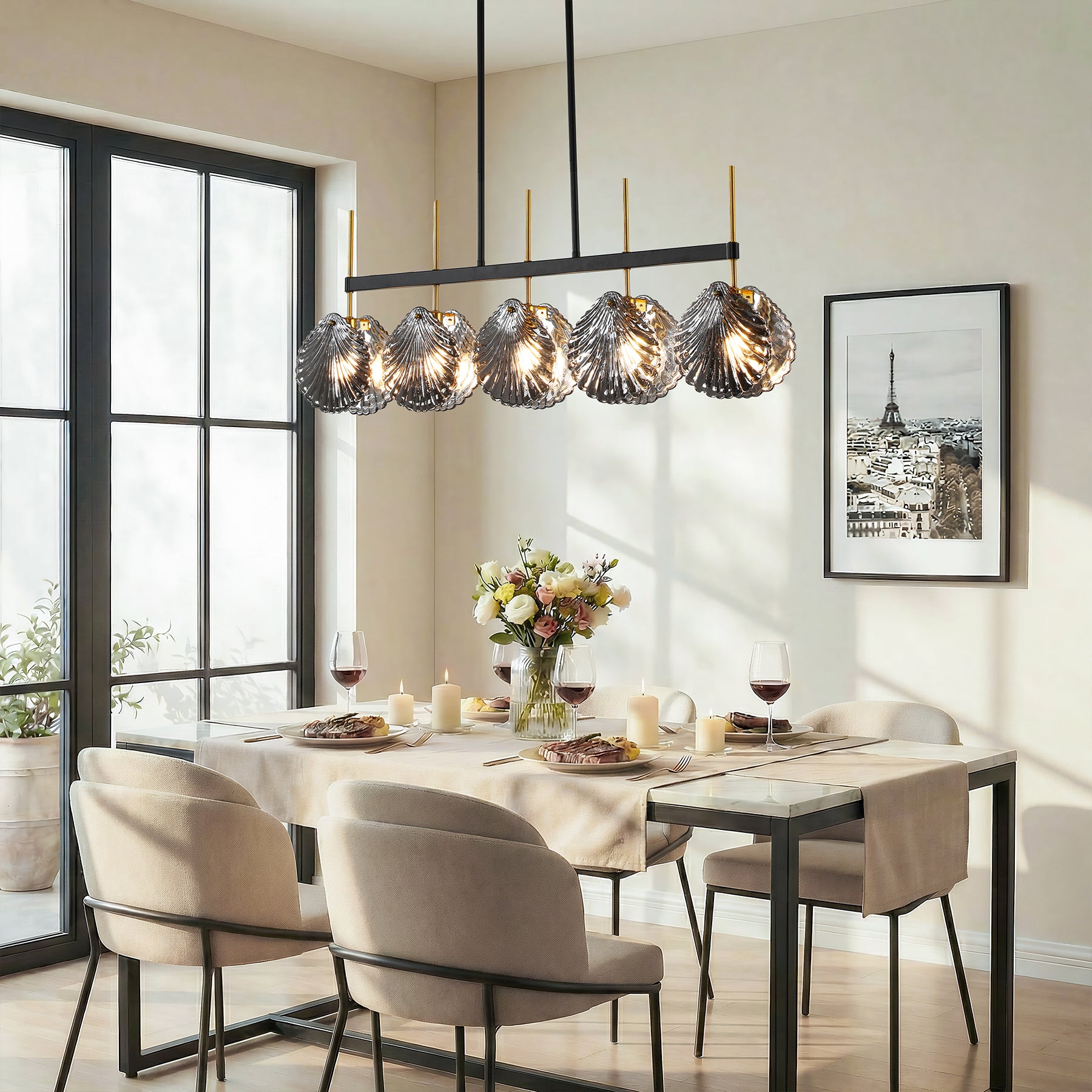 5-light Linear Chandelier, Modern Ceiling Lighting With Smoky Gray Glass Shades For Dining Room