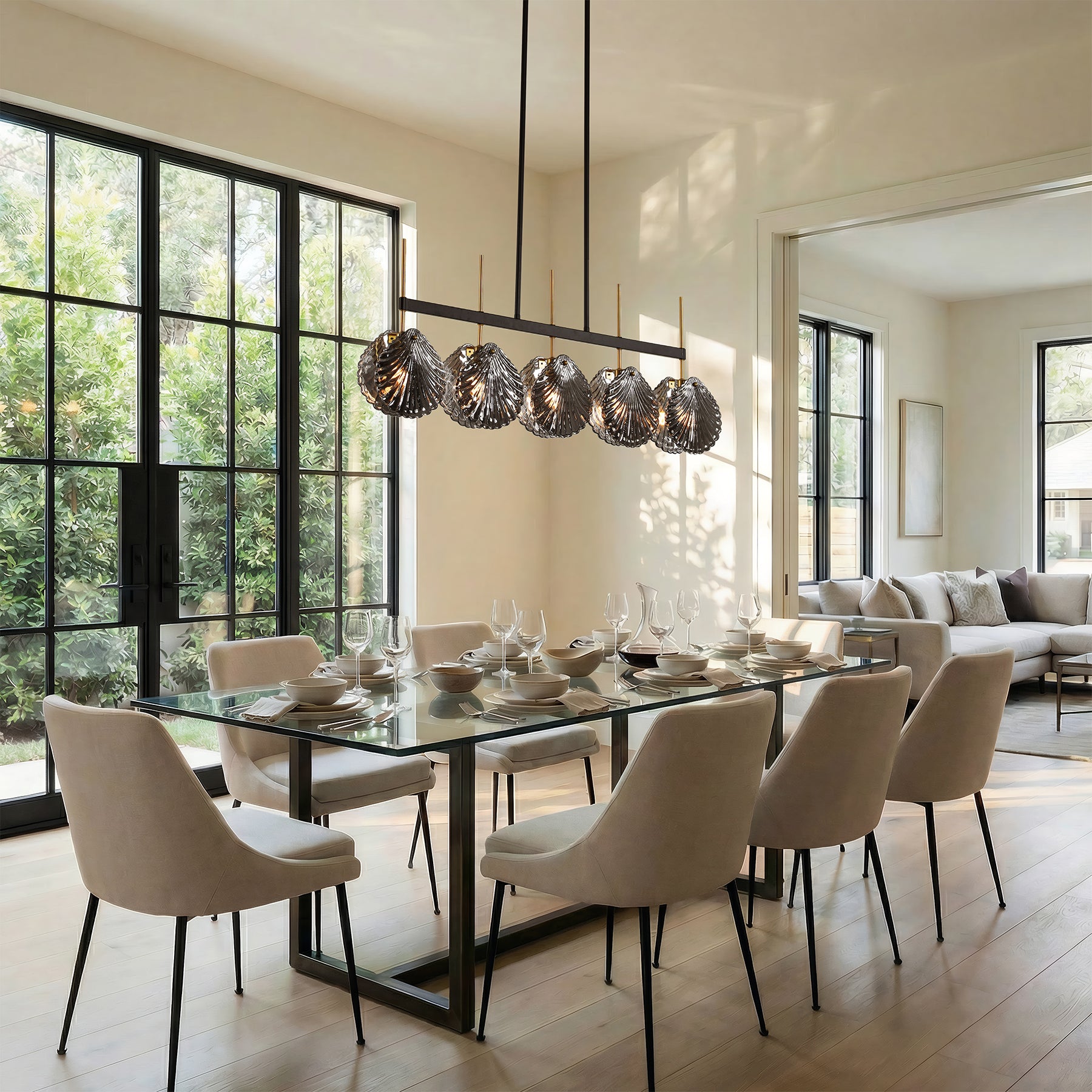 5-light Linear Chandelier, Modern Ceiling Lighting With Smoky Gray Glass Shades For Dining Room