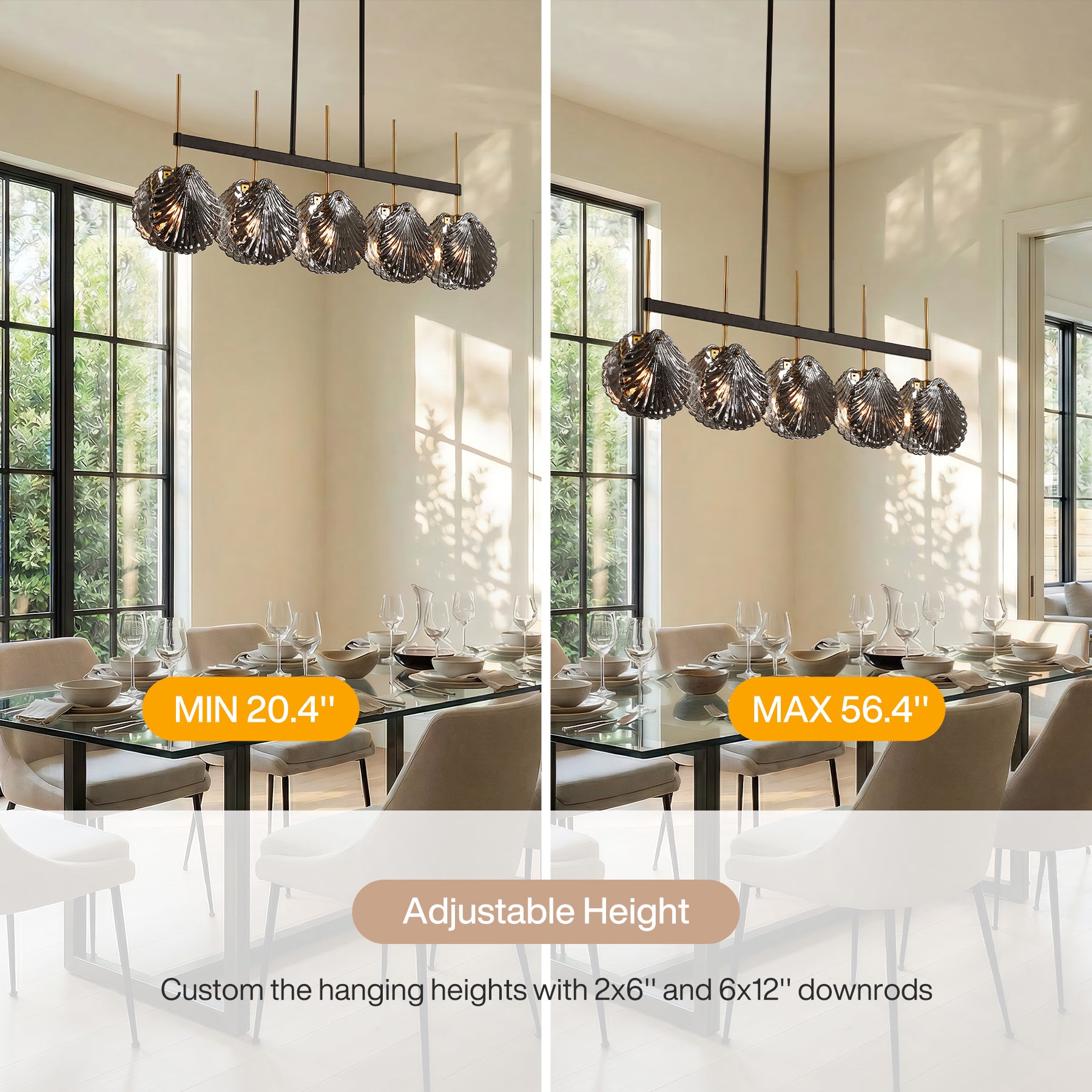 5-light Linear Chandelier, Modern Ceiling Lighting With Smoky Gray Glass Shades For Dining Room