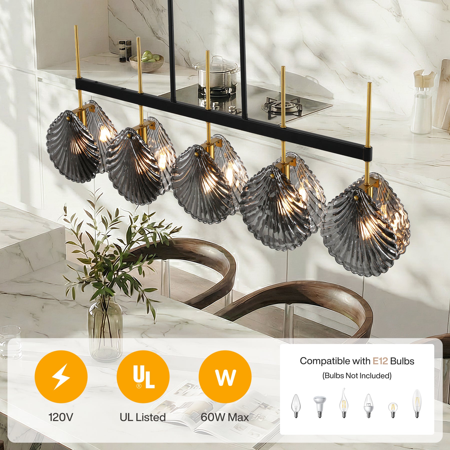 5-light Linear Chandelier, Modern Ceiling Lighting With Smoky Gray Glass Shades For Dining Room