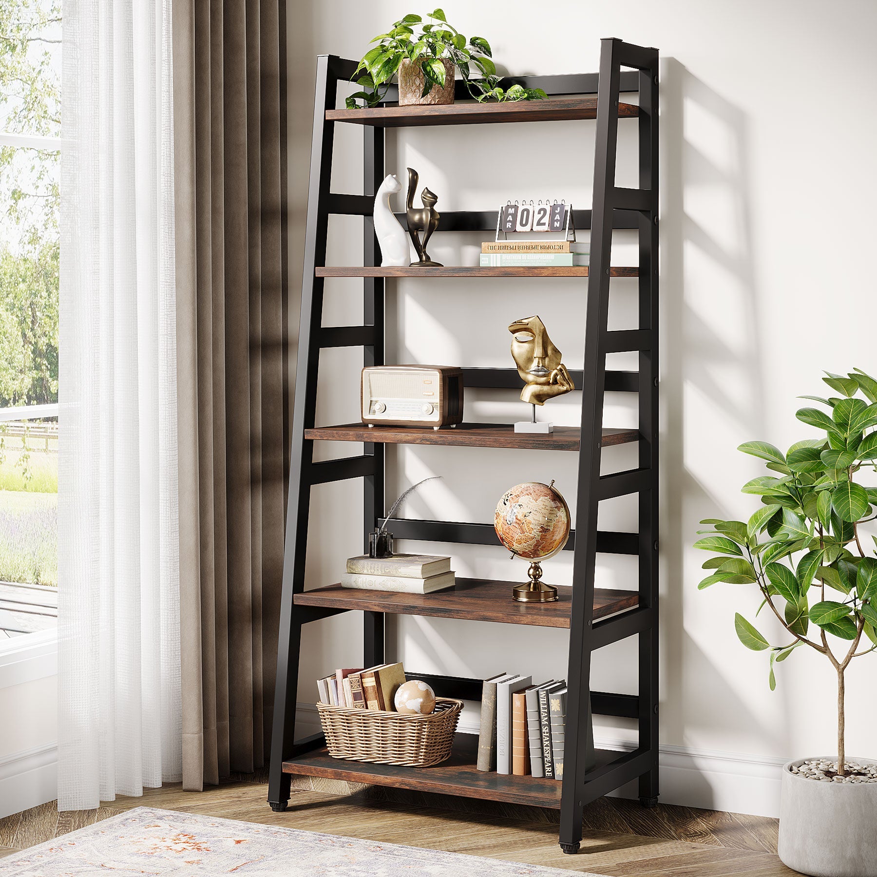 5-Tier Bookshelf Ladder Bookcase Etagere Storage Shelf - Thumbnail 5