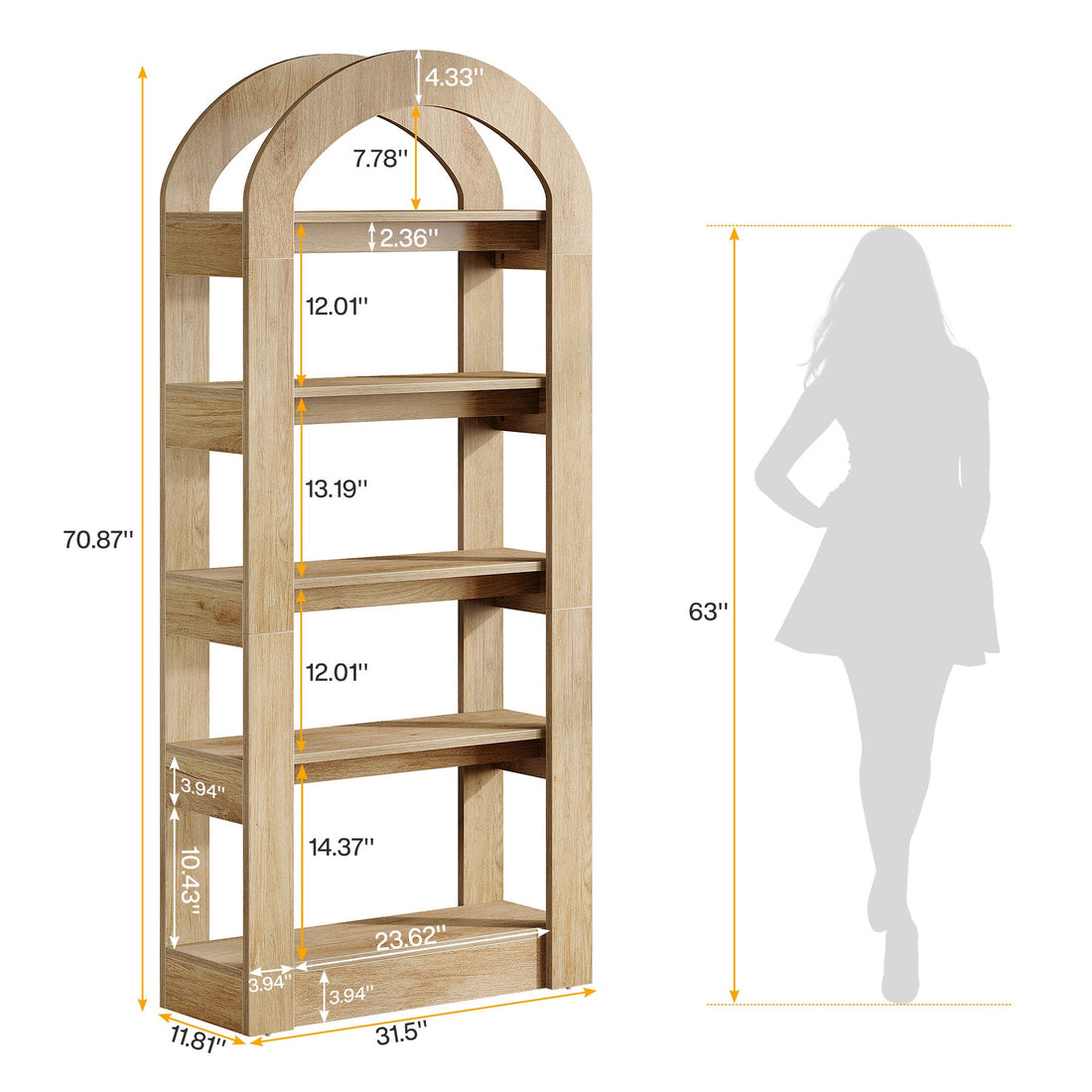 5-Tier Arched Bookshelf, Tall Bookcase Display Shelf-Tribesigns