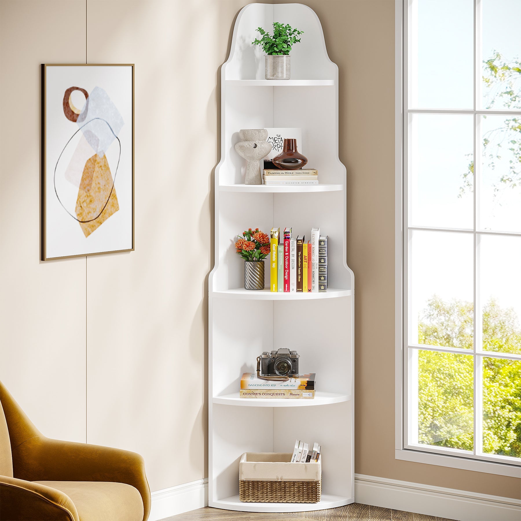 5 Tier buy Corner Shelf, Narrow Bookshelf Space Saving Organizer