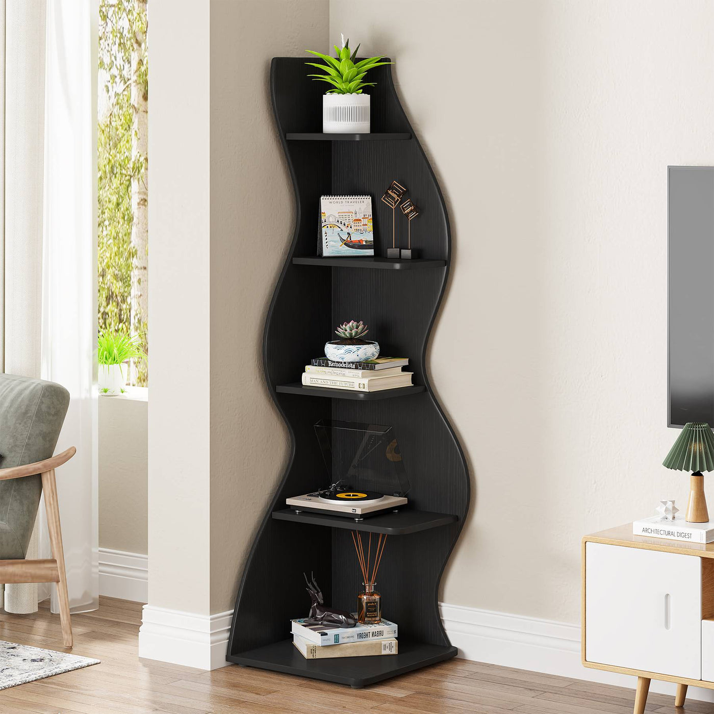 Tribesigns Corner Shelf, Modern 5-Tier Wall Corner Bookshelf Bookcase