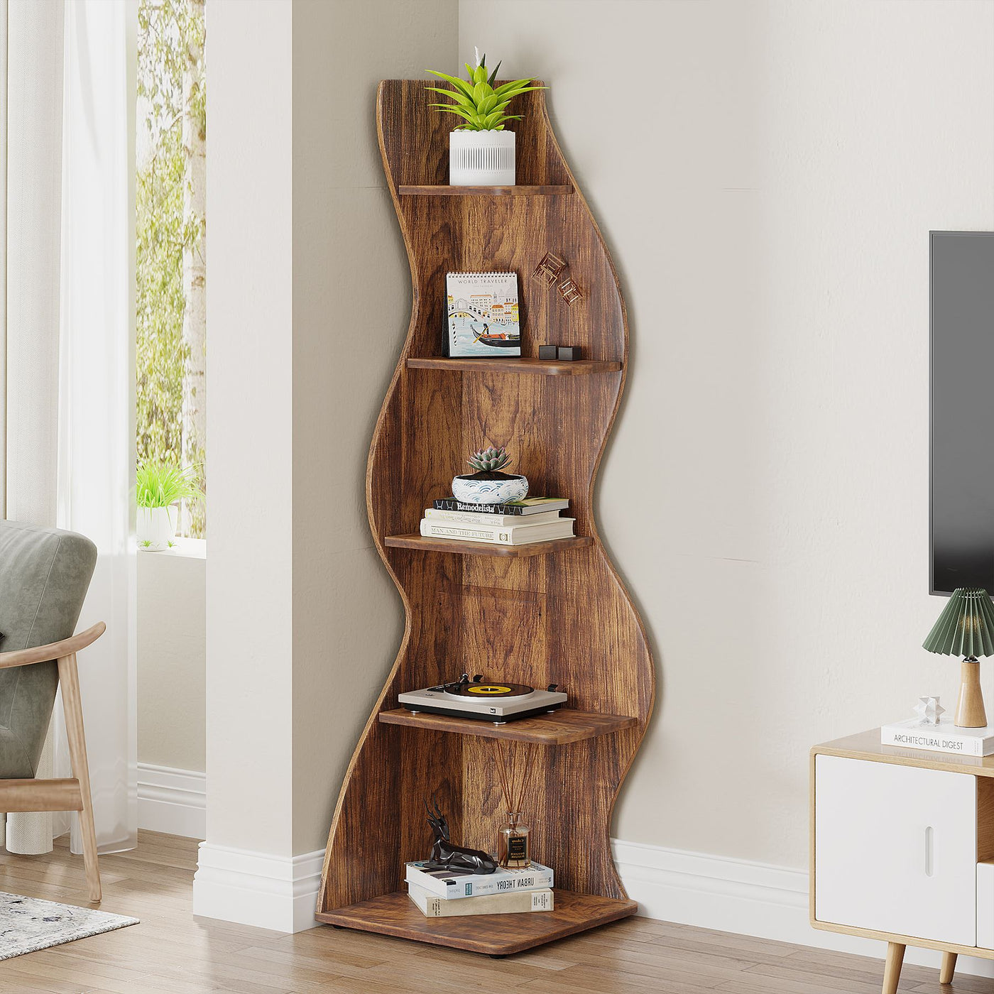 Tribesigns Corner Shelf, Modern 5-Tier Wall Corner Bookshelf Bookcase