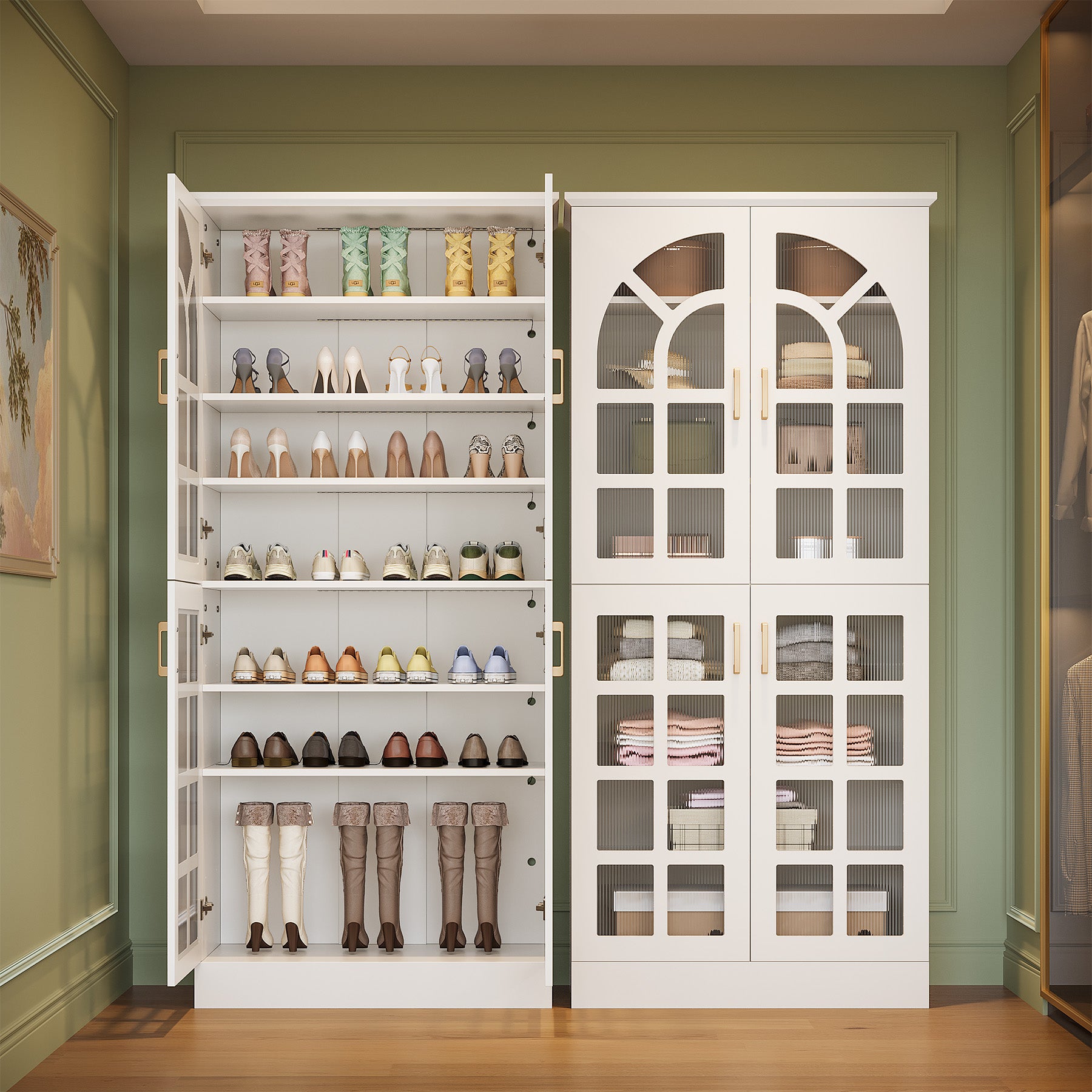 69" Shoe Cabinet, 8-Tier Shoe Rack Organizer with Doors and Led Lights